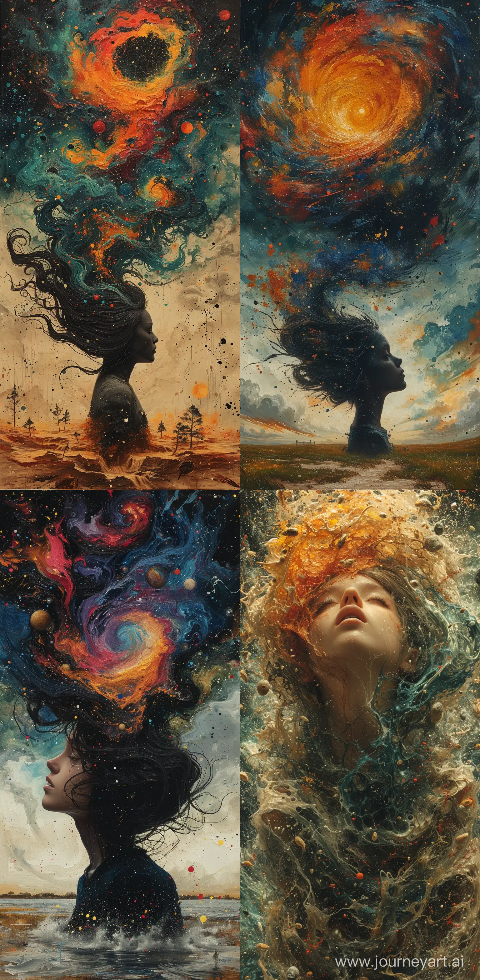 a surreal picture with a woman's head in it, in the style of swirling colors, aleksi briclot, cosmic landscape, peter mohrbacher, intensely colorful figuration, realistic hyper-detail, splattered/dripped --ar 63:128 --stylize 750 --v 6