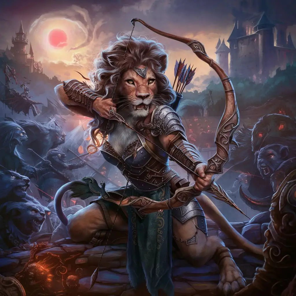 a Dungeons and Dragons (DnD) fantasy setting with a semi-realistic style, featuring a warrior known as a blood archer, who is a female anthropomorphic lion