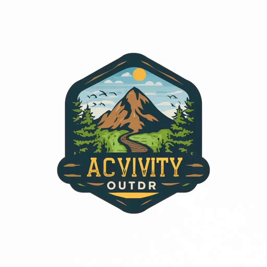 logo, mount, river, forest and air, with the text "Activity Outdor", typography, be used in Travel industry