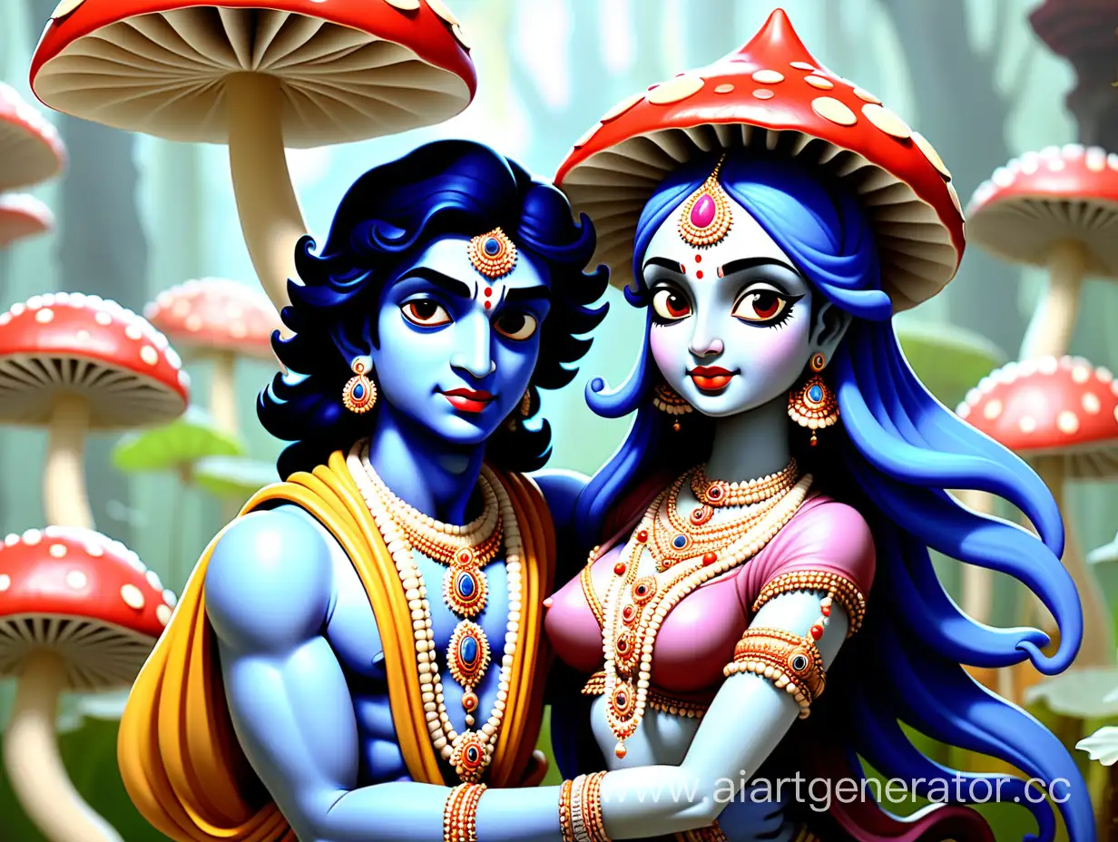 Divine-Dance-of-Krishna-and-Radharani-Amidst-Fly-Agaric-Lotus-Radiance