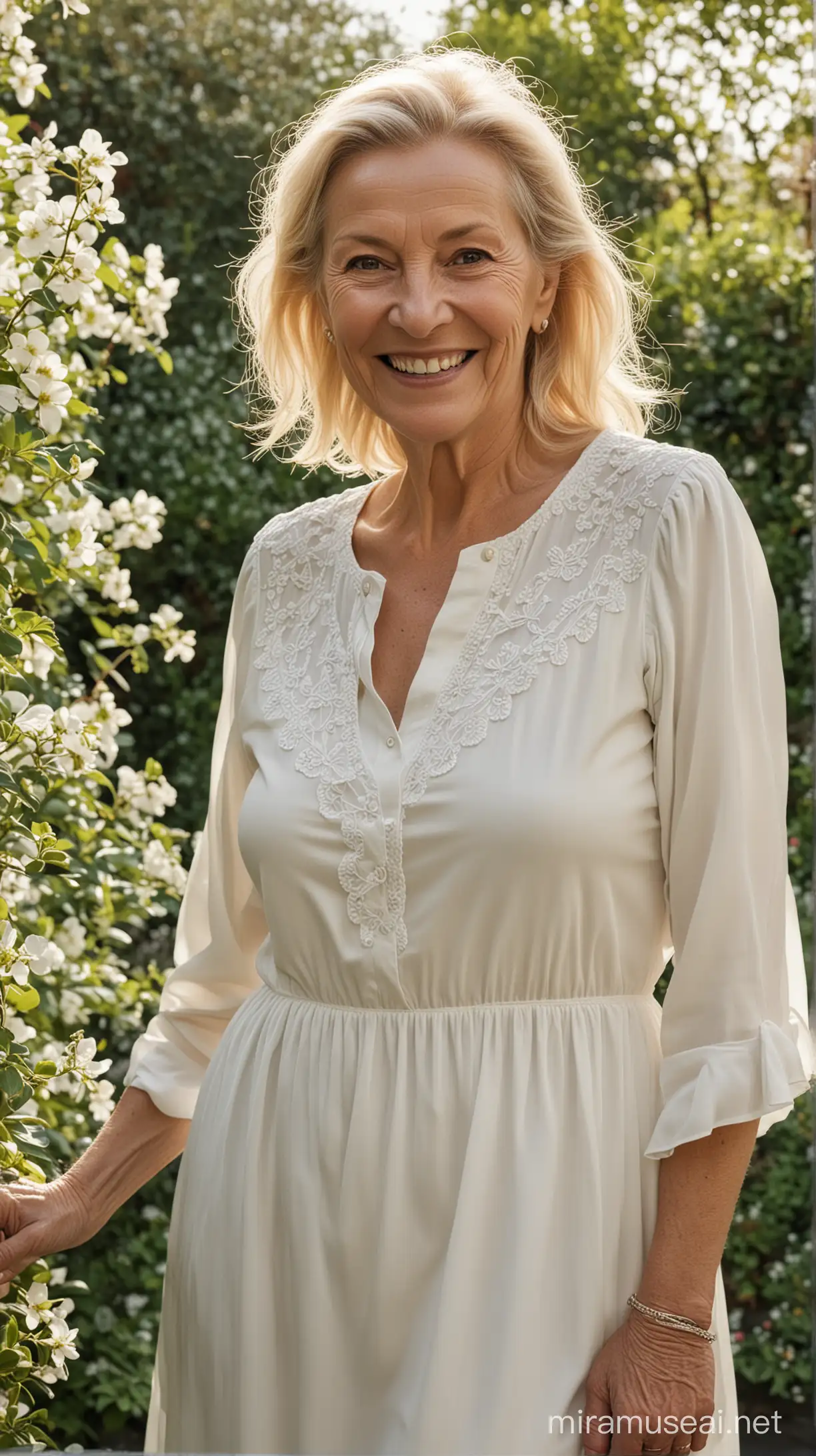 70 year old scandinavian woman portrait in a small garden.
Smiling wearing a white dress