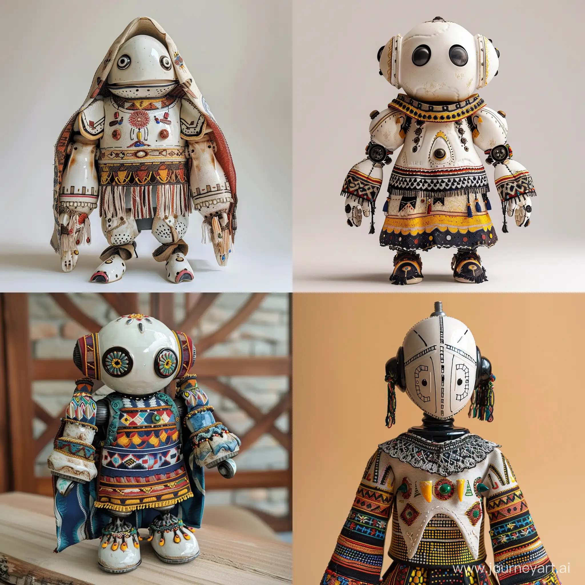 Make a ceramic like robot dressed in a romanian traditional outfit