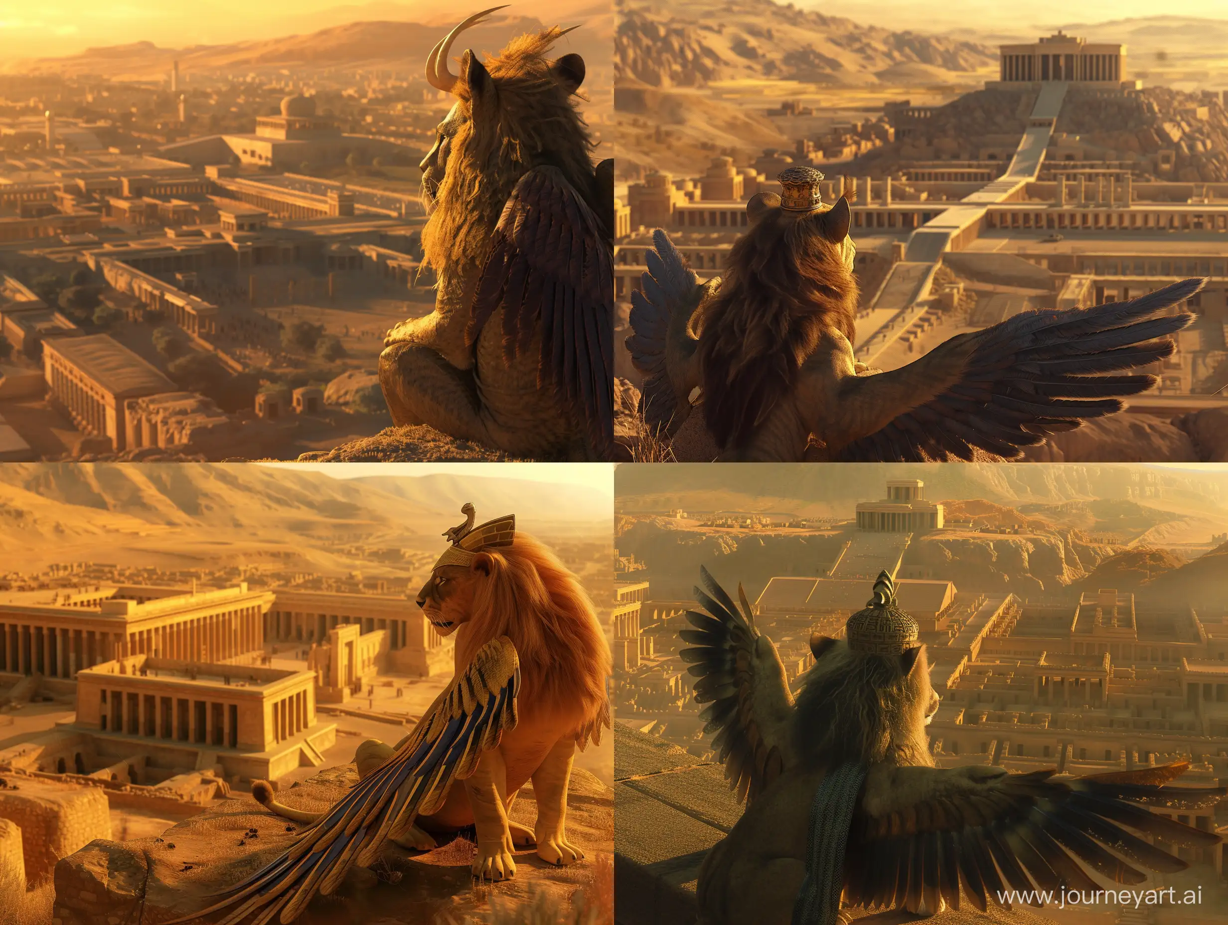 An animal with a head like an Achaemenid king and a lion's body and two wings is looking at Persepolis from the top of a hill in Persepolis. in an ancient civilization, cinematic, epic realism,8K, highly detailed, bird's eye view, golden hour lighting, make a realistic photo.