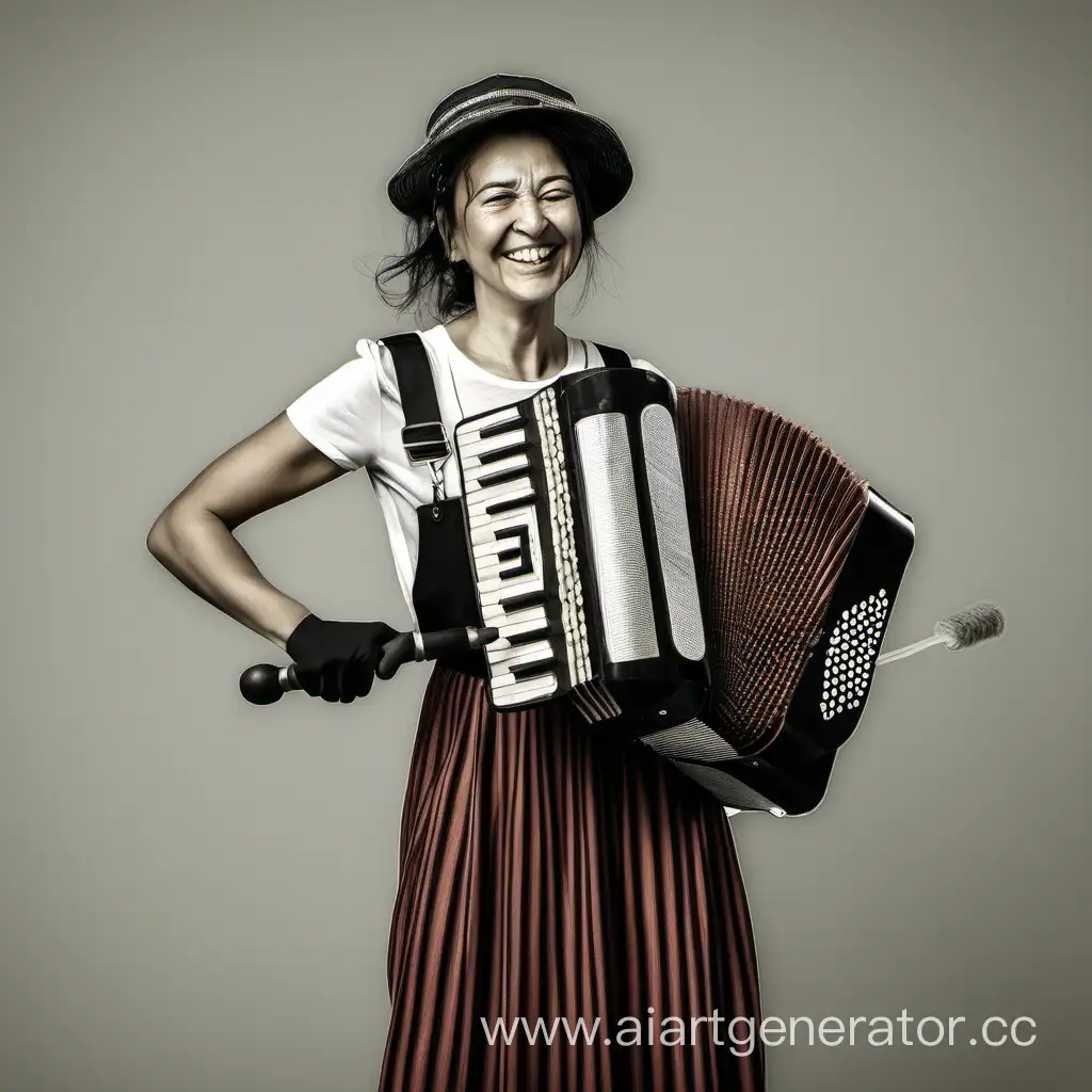 Woman-Playing-Accordion-While-Engaging-in-Household-Chores