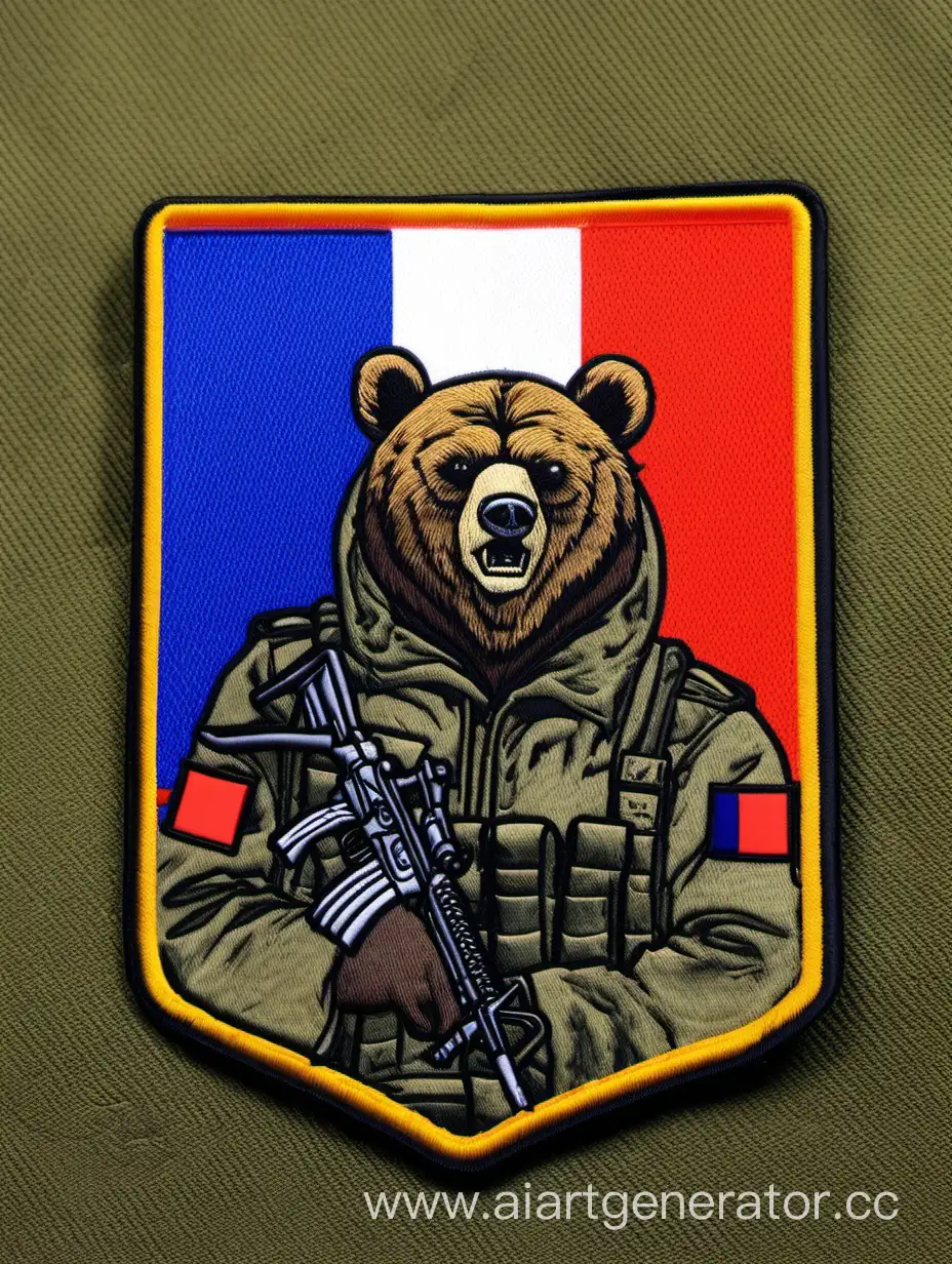 нашивка, военный стиль, медведь, российский флаг на фоне