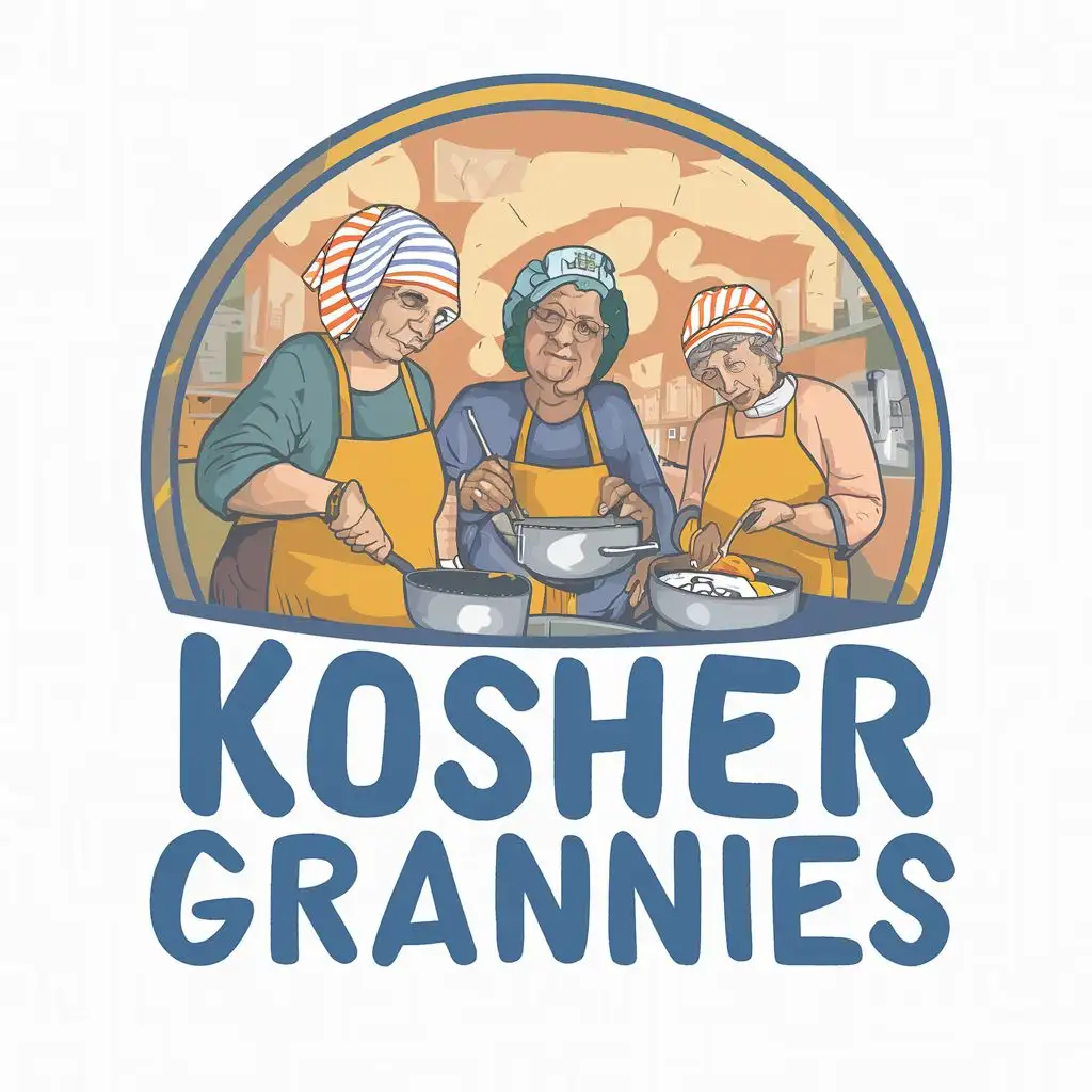 logo, yellow, blue, white, Jewish grannies with headcovers cook together in biblical Israel, Juan Miró, paul klee, with the text "Kosher Grannies", typography