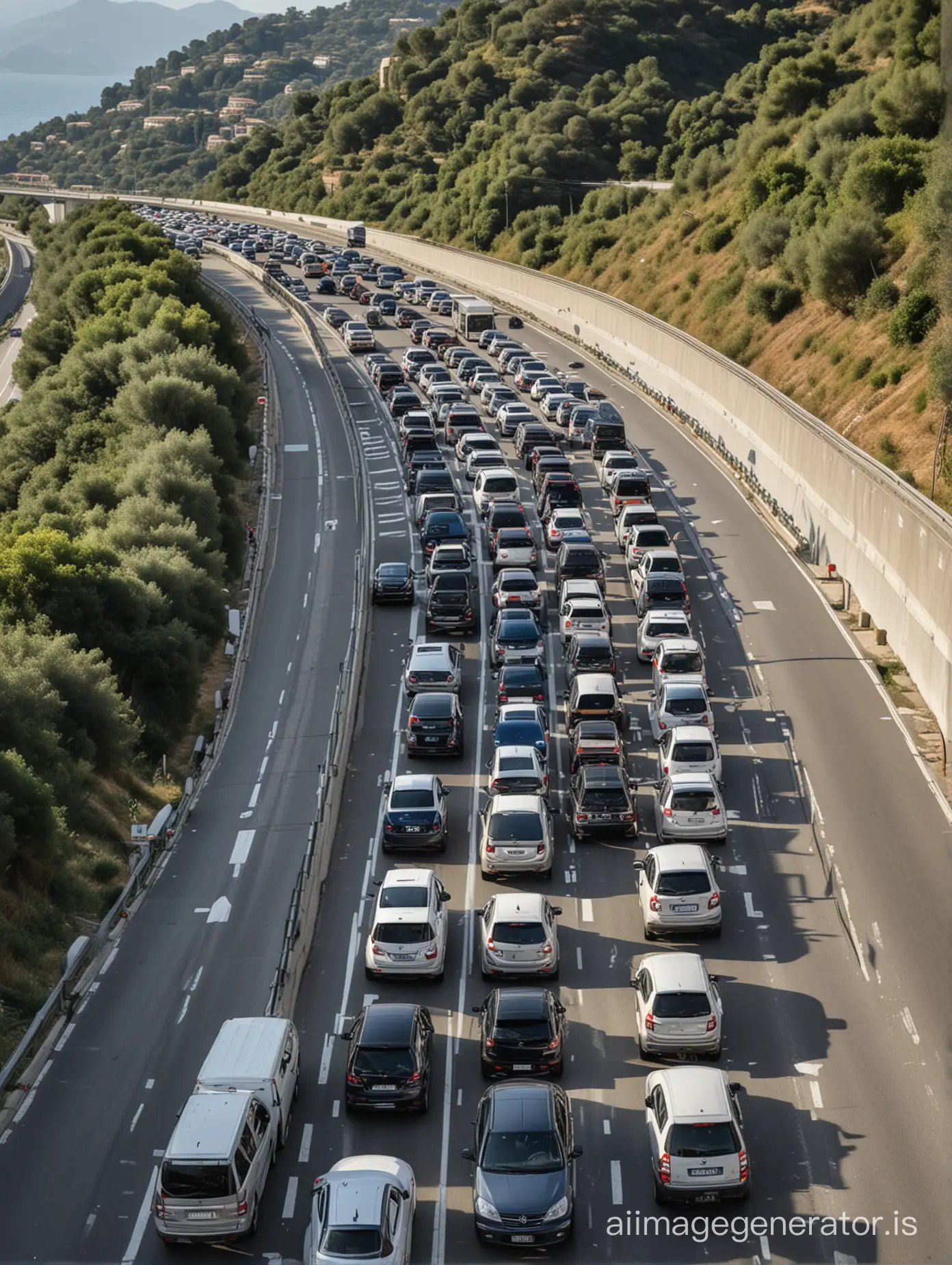 kilometers of queue on the Ligurian motorway, typical surrounding Italian landscape. drivers try to reach seaside destinations, the wait is too long and so they get out of their cars and sunbathe on the motorway