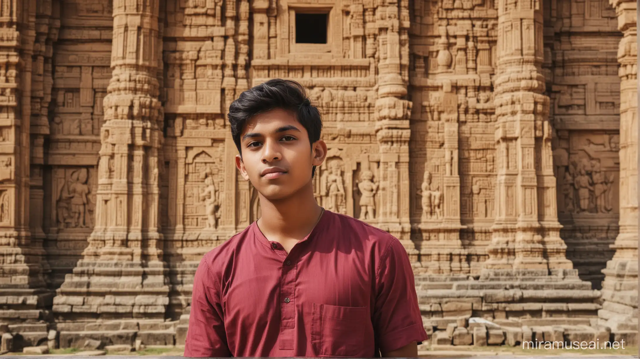 21  age , one indian boy , background temple 