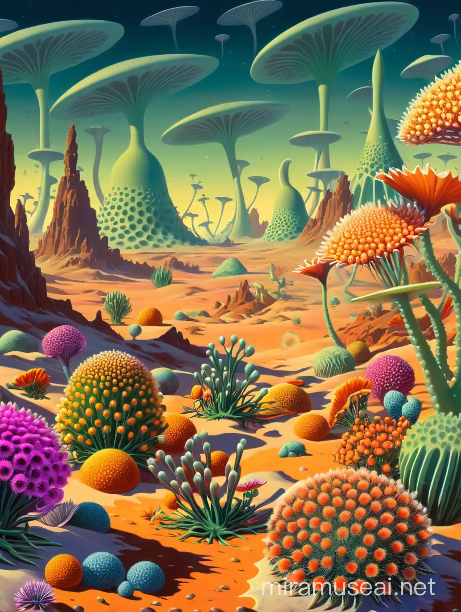 An empty Alien very windy landscape of deadly enlarged fractals,  radiolaria, and diatoms painted in the dramatic style of 1950s vintage illustrations. Paint them in the flat colorful style of Gil Elvgren and other colorful pinup artists of the 1950s. Deadly Alien flowers are in the foreground that have interesting details and colors. Poisonous Fractals,  radiolaria, and diatoms trees can also be seen. Leave discreet places in the front for humans to be added at a later time. Show distances to show depth.