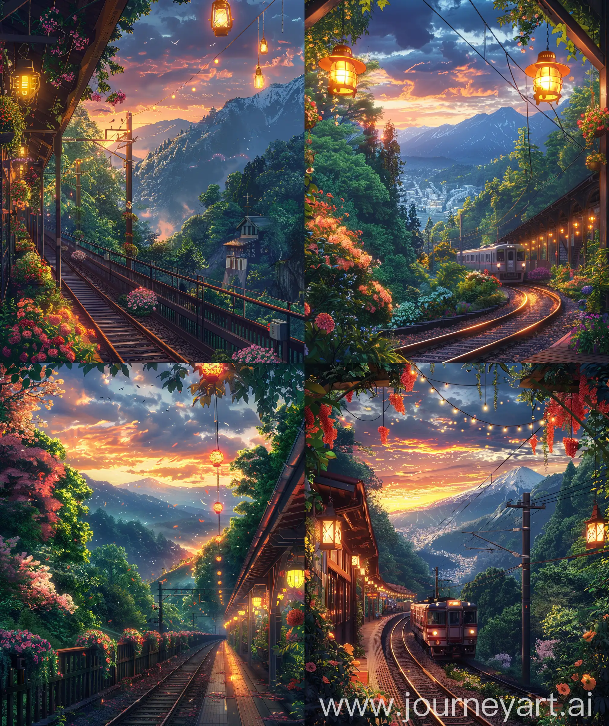 Anime scenary, illustration, dawn time, train, mountain view, flowers, beautiful view, spring time, railway station beautifully decorated with flowers, hanging lights, ultra HD, high quality,no blurry image,no hyperrealistic --ar 27:32 --s 400