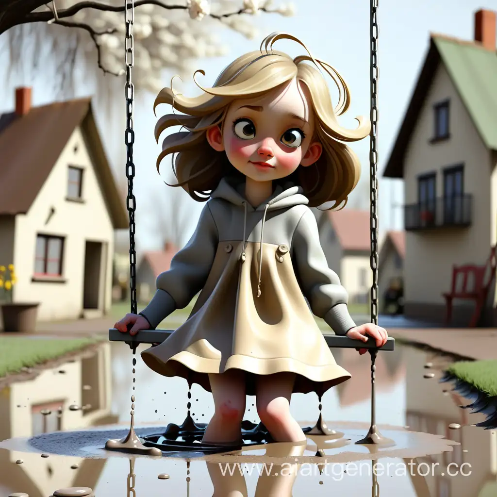 Adorable-Girl-Swinging-by-Puddles-in-a-Picturesque-Spring-Village