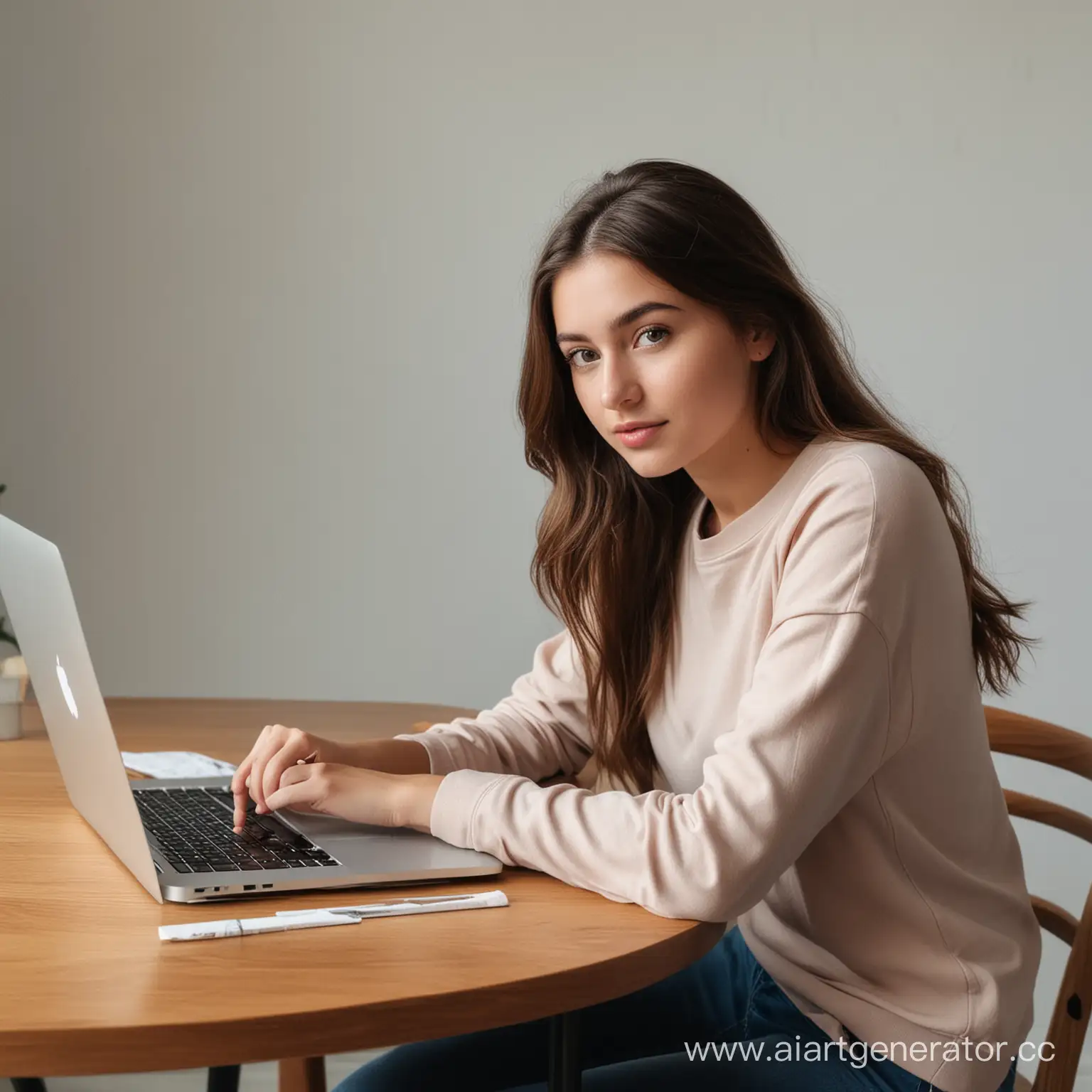 Девушка сидит за столом за macbook  лицом в камеру реалистично