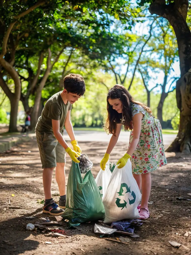 
a boy and a girl clean up the garbage in the park