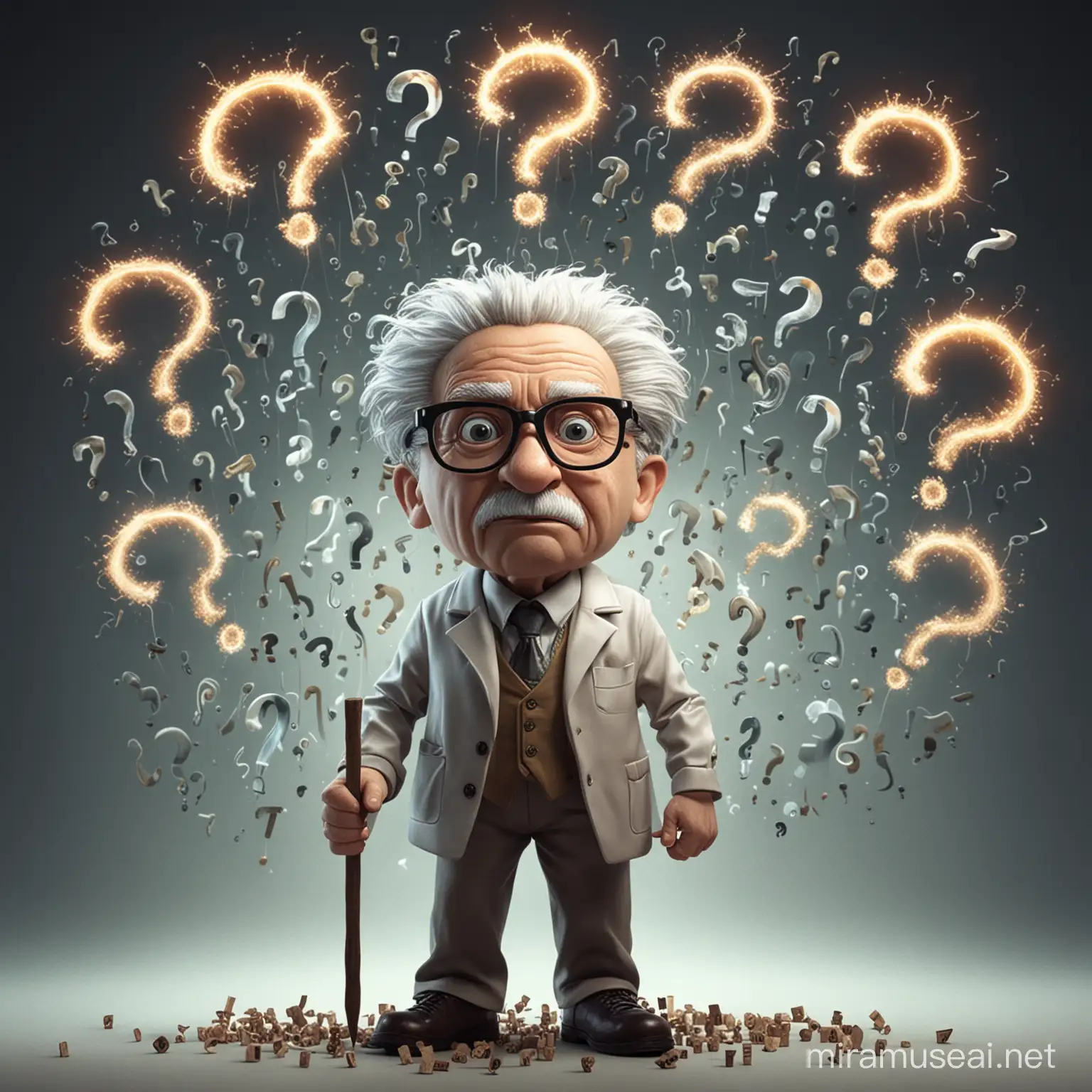 Figure with question marks, should be younger than Heinstein, like mad scientist, with glasses,thunders,brains, here and there,question marks, lights. Should be realistic and the topic is "quiz" in differents fields