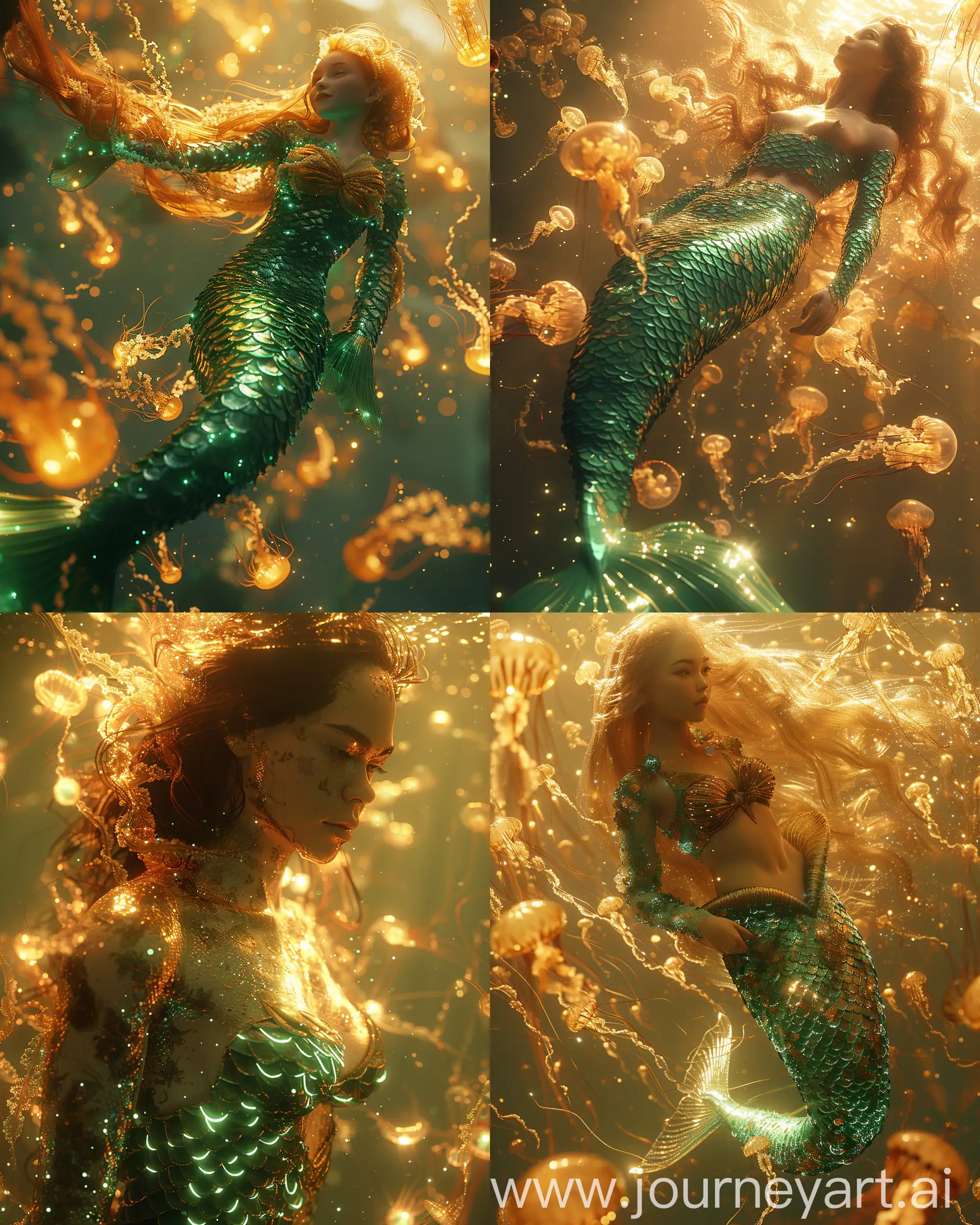 16k Hyperrealistic detailed sharp 3d digital illustration of mermaid full body with green bioluminescent fishscales covering body and fishtail, surrounded by gorgeous swarm of golden translucent bioluminescent jellyfish in a magical underwater scene by BUA. brushstrokes by Carne Griffiths, C215, Robert Oxley. CGI by Ricardo Salamanca. ZBrush, Octane Render, Unreal Engine 5 rendering in Blender. fascinating lighting by Russ Mills, interesting pose, intricate beautiful face --ar 4:5 --s 850