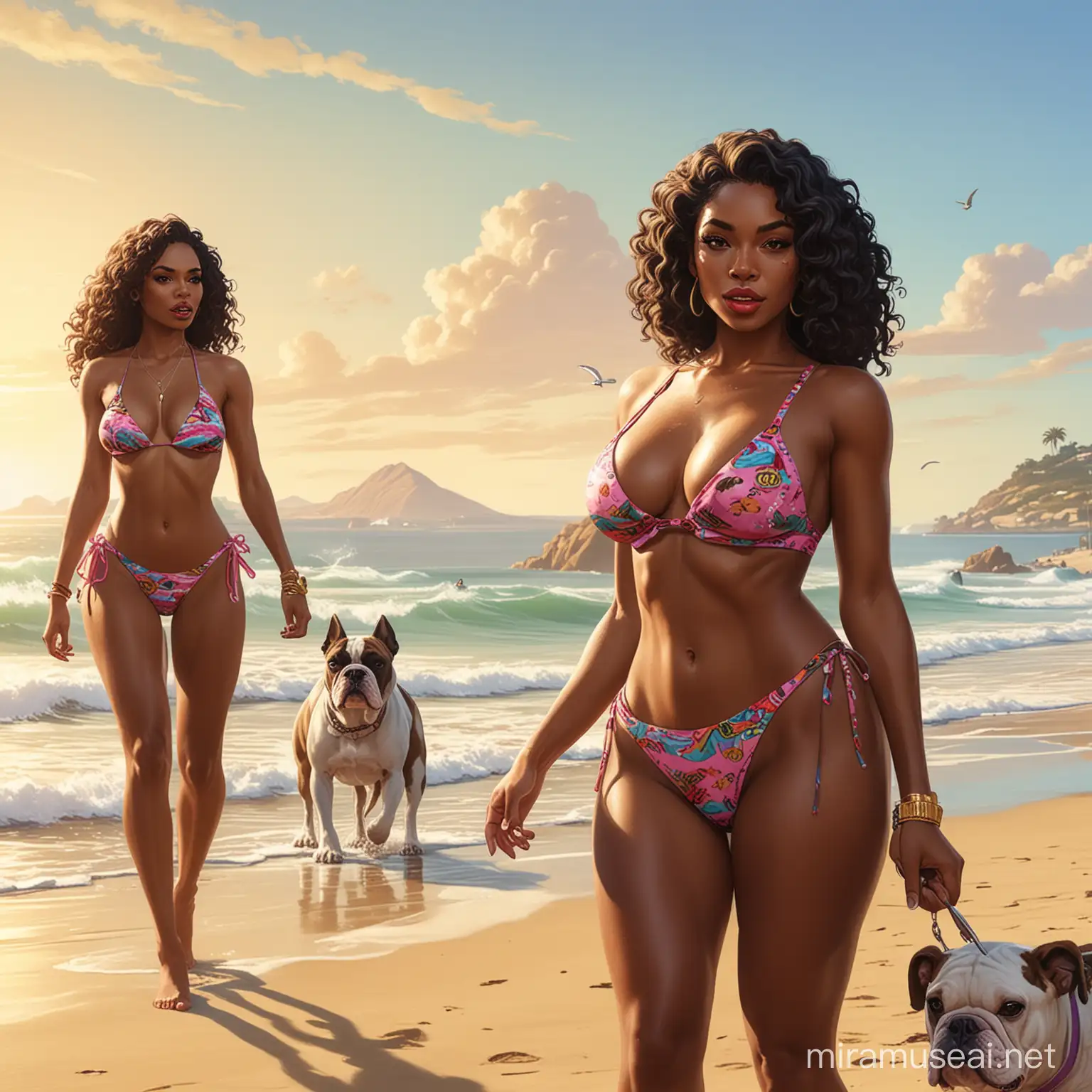 GTA poster style: skinny sexy ebony with curly long hair and big lips wearing beach suit walking a bulldog  on the beach 