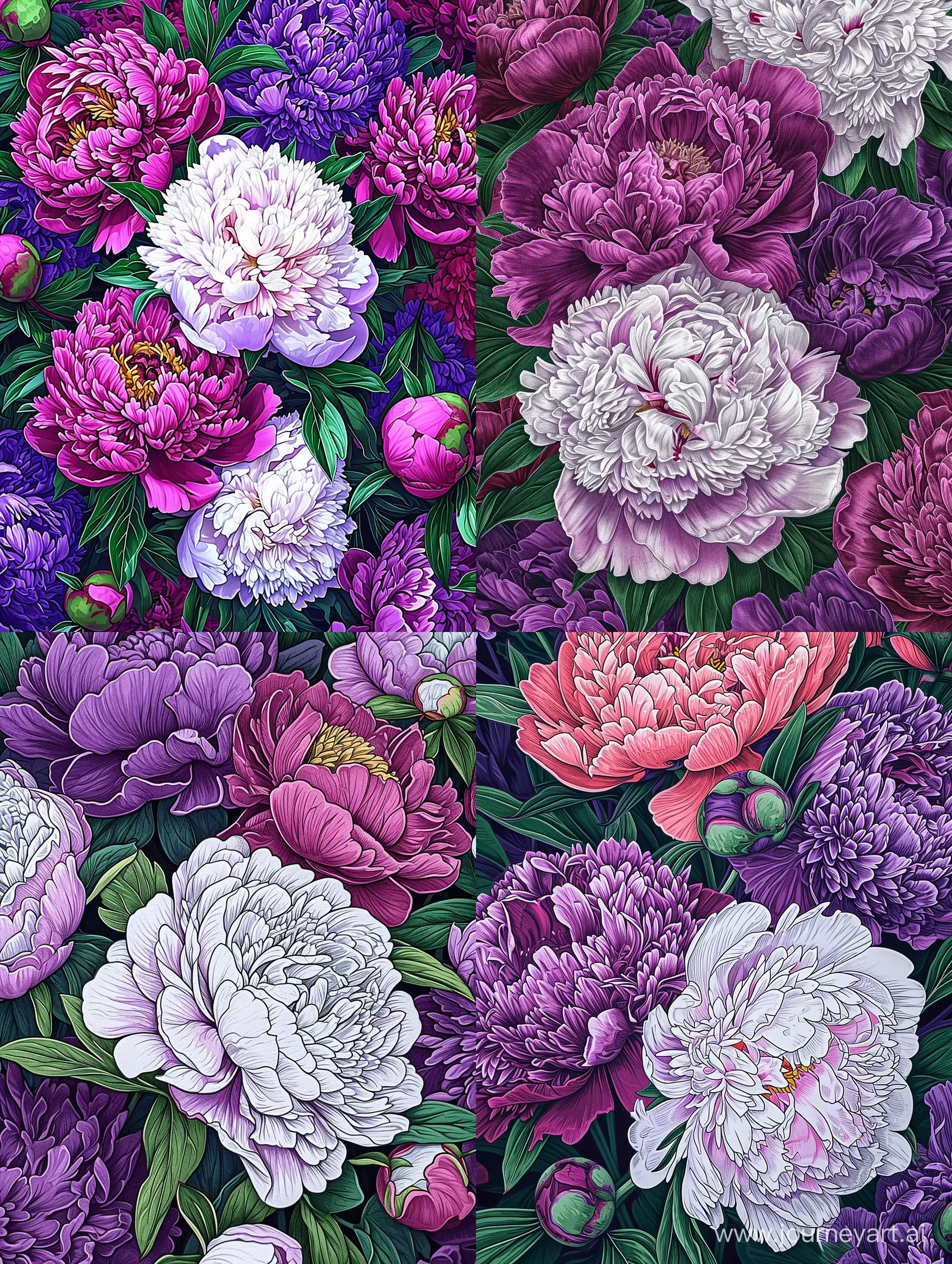 a vibrant and lively Risograph of peonies in full bloom. Highly intricate detailing, texture detail, 8k, The medium should be hyper-realistic drawing  The lighting should be bright and direct, highlighting the intricate details and vivid colors of the flowers. The colors should be a vibrant palette of purples, pinks, whites, and greens 