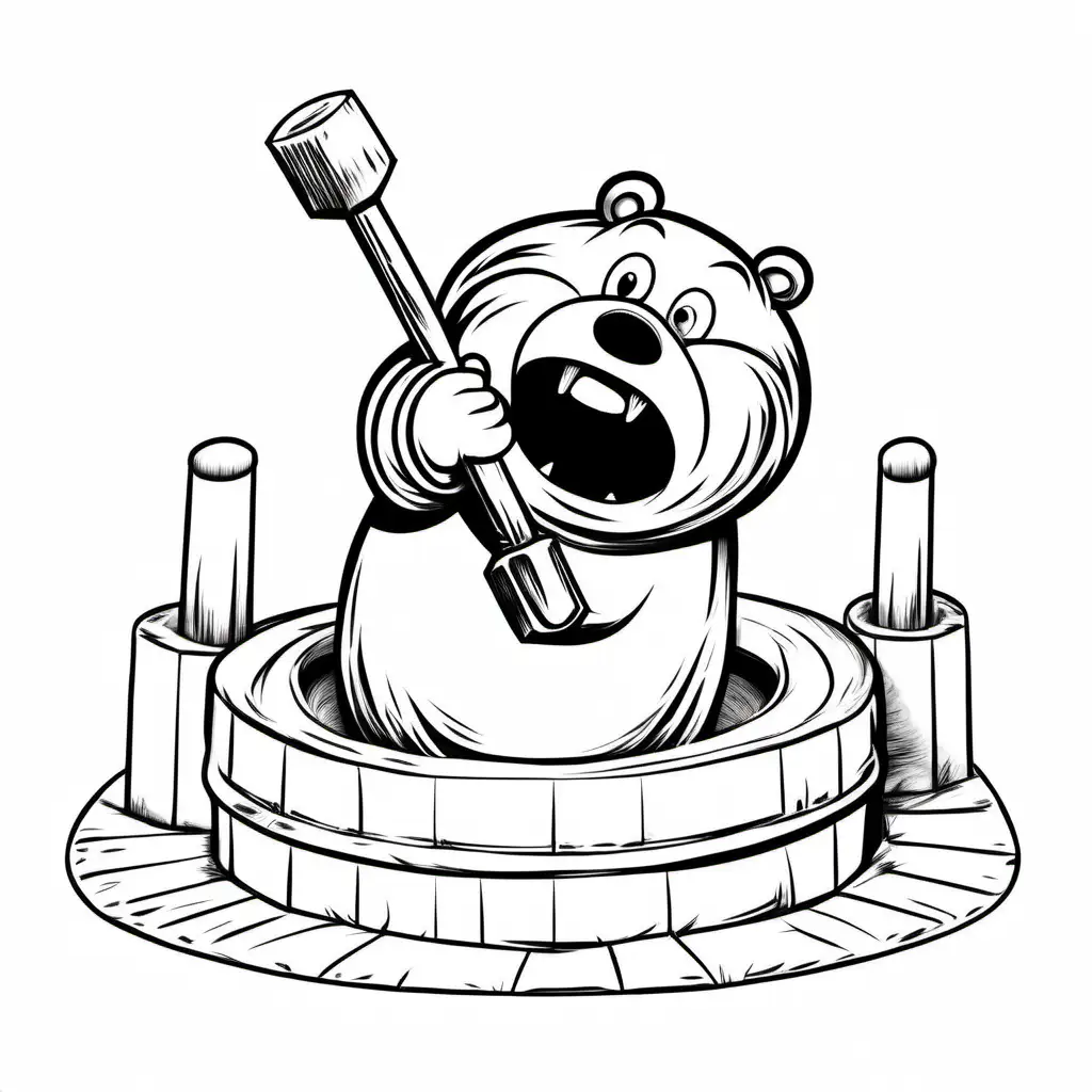 Create a hand sketch of "WHACK a MOLE" funfair game where a hammer is ready to hit a mole in the head.
All the drawing should fit in the image.
No colors. White background. No shades. Background : FFFFFF