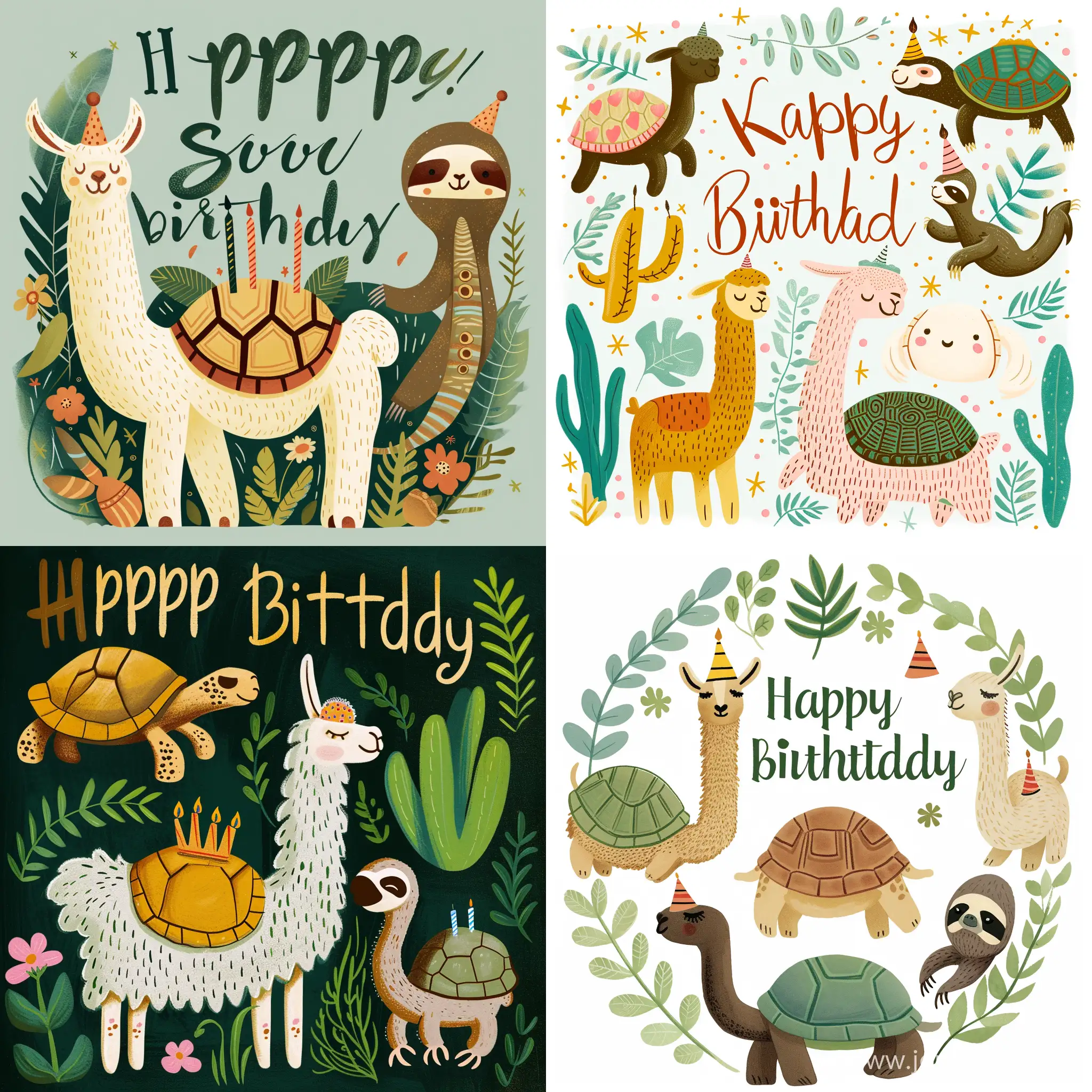 Happy birthday Sugar written around  a llama turtle and sloth
