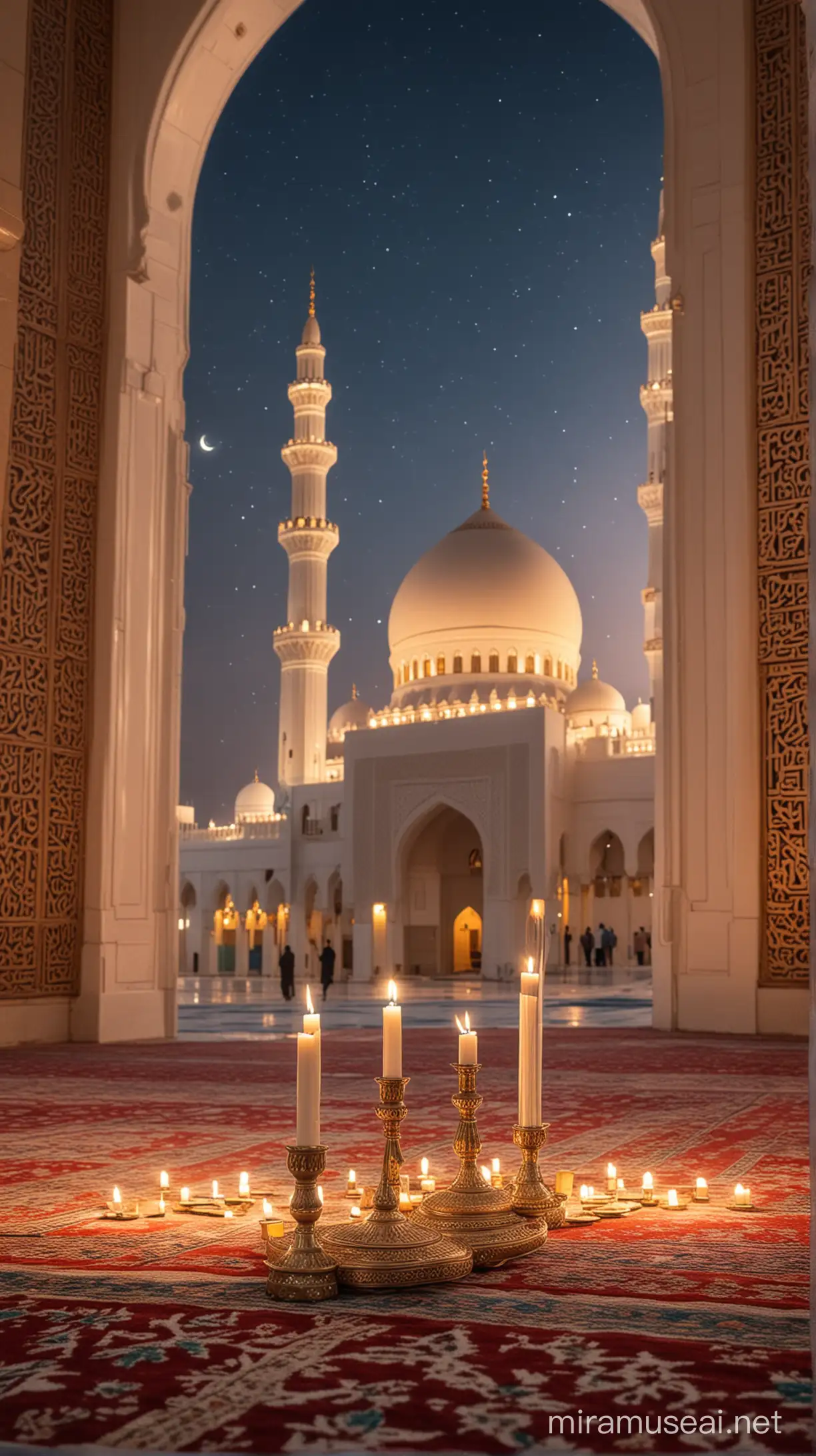 an ambiance mosque in background for 'EID UL FITR MUBARAK 2024' Instagram post for lighting e-store.