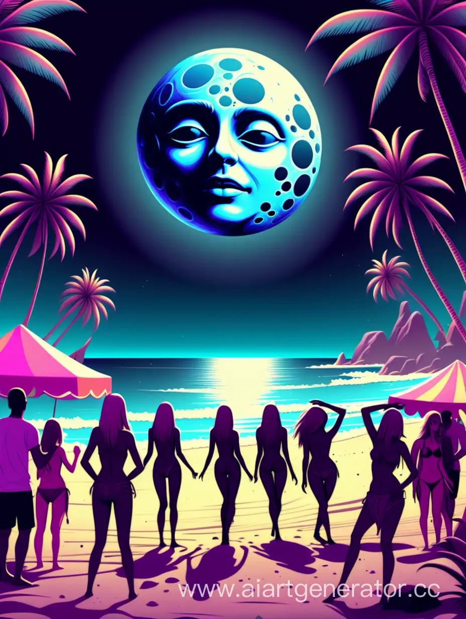 background for flyer, DIGITATAL ART, FULLMOON VIEW, BEACH PARTY, PEOPLE DANCE, PSYTRANCE, PSYCHEDELIC