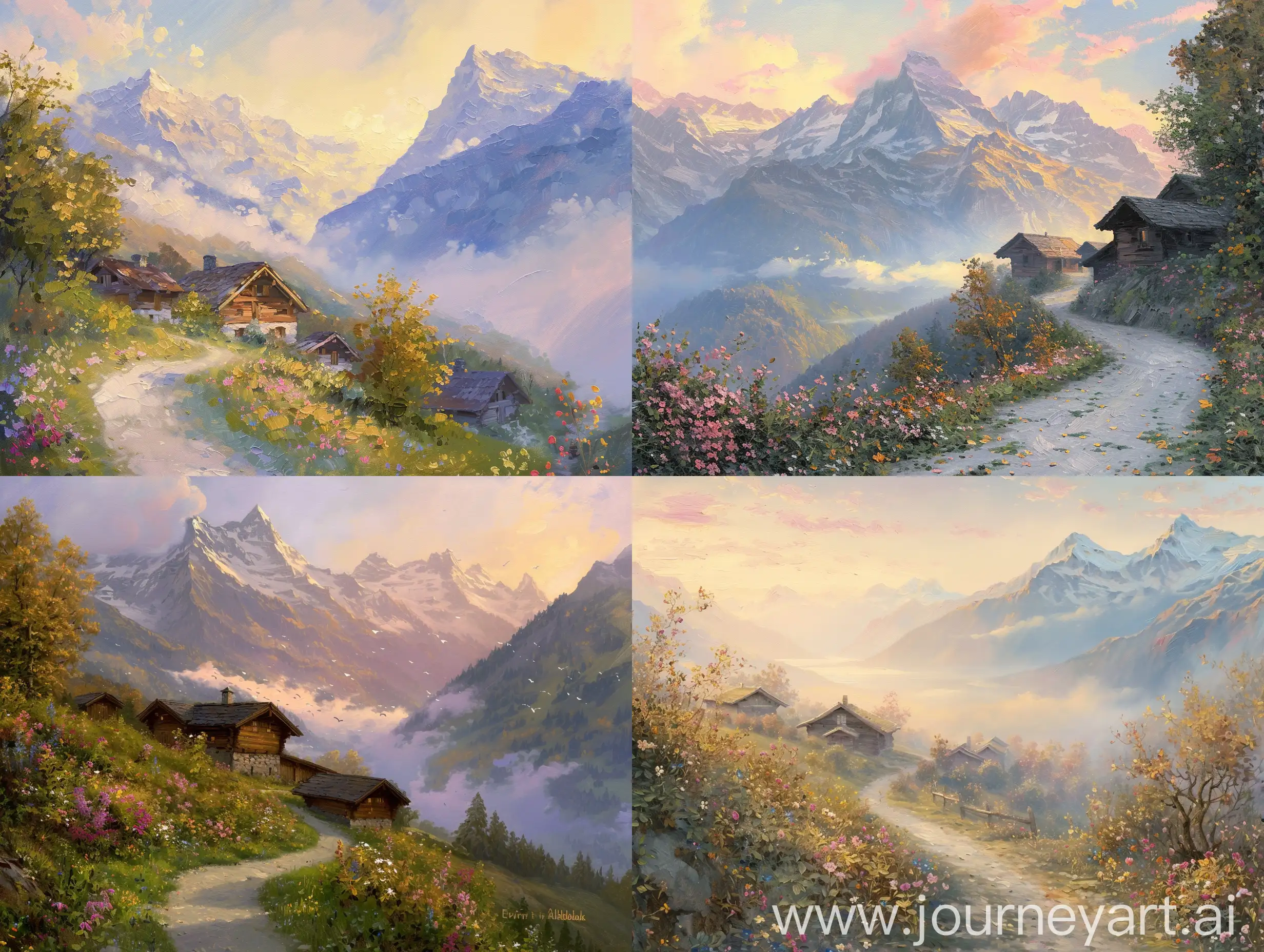 Title: "Evening in Adelboden" - Oil Painting by Waldemar Fink

Prompt:

Enter a realm where twilight descends upon the Swiss Alps, as depicted in Waldemar Fink's "Evening in Adelboden."

Setting the Scene:

Travel to a winding path among the Swiss Alps, where the sun's farewell kiss paints the sky in pastel hues. Adelboden's charm emerges, its chalets adorned with vibrant blooms.

Capturing the Atmosphere:

Note Fink's skillful play of light and shadow, casting a golden glow over the landscape. Mist veils distant peaks, adding a touch of mystery.

Exploring the Details:

Observe the intricate brushstrokes breathing life into every element, from fluttering leaves to rugged mountainsides. Earthy tones blend with soft pinks and blues.

Invoking Emotion:

Feel the awe of nature's grandeur and the tranquility enveloping you. Lose yourself in the serenity of the Swiss Alps.

Your Interpretation:

Let your creativity flow, whether through bold colors or delicate details, capturing the essence of "Evening in Adelboden."

Embark on your artistic journey into the enchanting world of "Evening in Adelboden" and let your creativity soar.