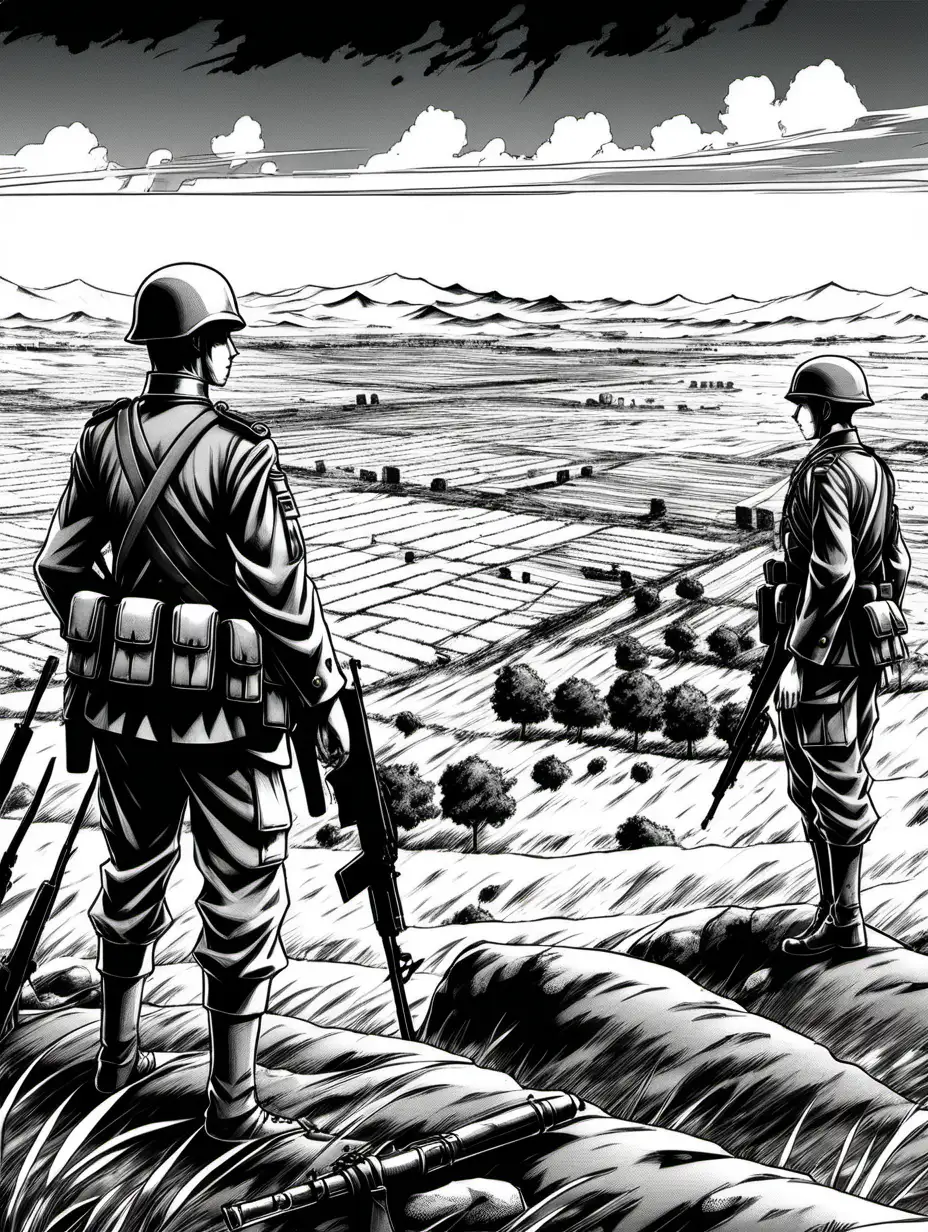 Manga Style Illustration Two Soldiers Overlooking Battlefield