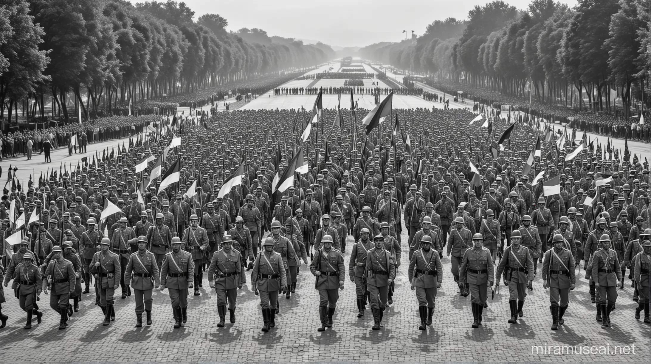 Crie uma praça repleta de pessoas e militares marchando ao lado, com bandeiras da Romênia hasteadas. Imagem em preto e branco.