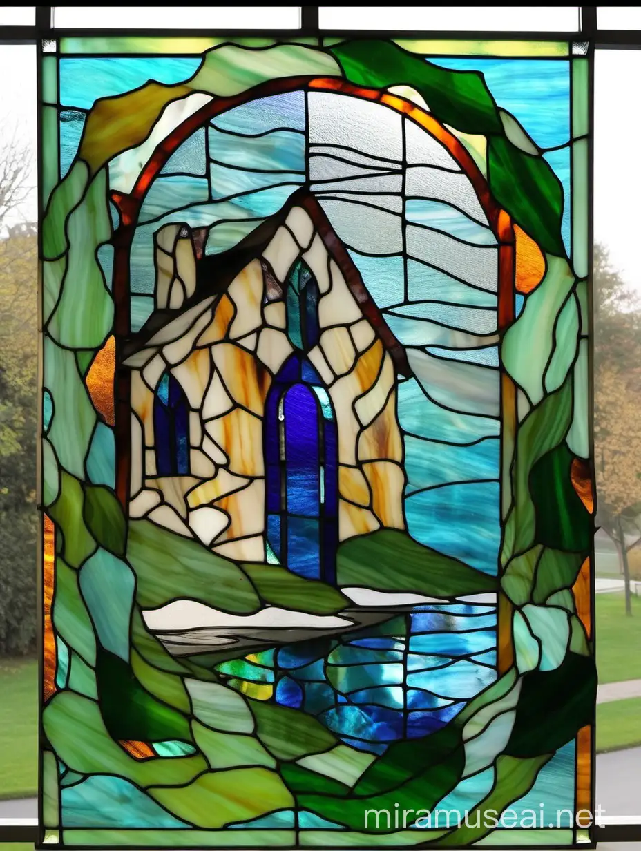 Абстракция витражная композиция "дом у озера" рядом с ивой из цветного стекла тиффани