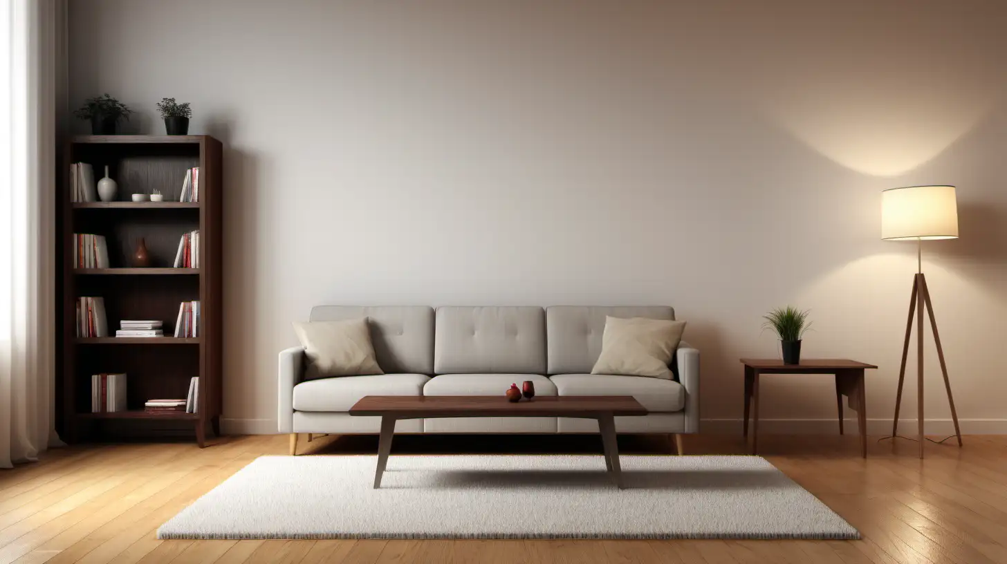 Minimalist Living Room with Essential Furniture Couch Lamp Carpet Table and Bookshelf