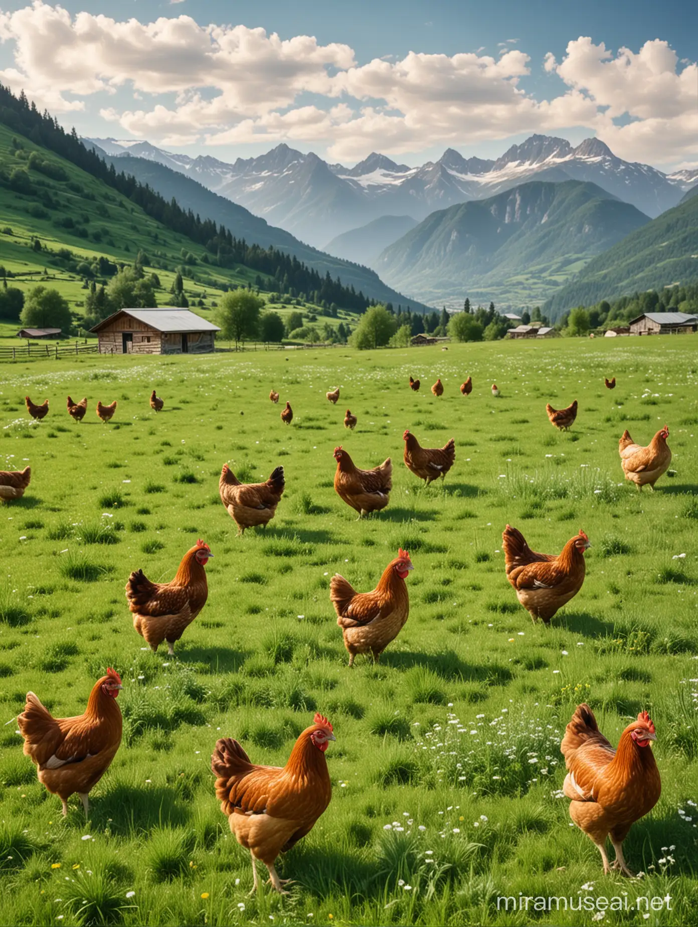 A WIDE FIELD WITH GREEN GRASS AND HERBS, BEAUTIFUL HENS IN THE FOREGROUND, MOUNTAINS IN THE BACKGROUND