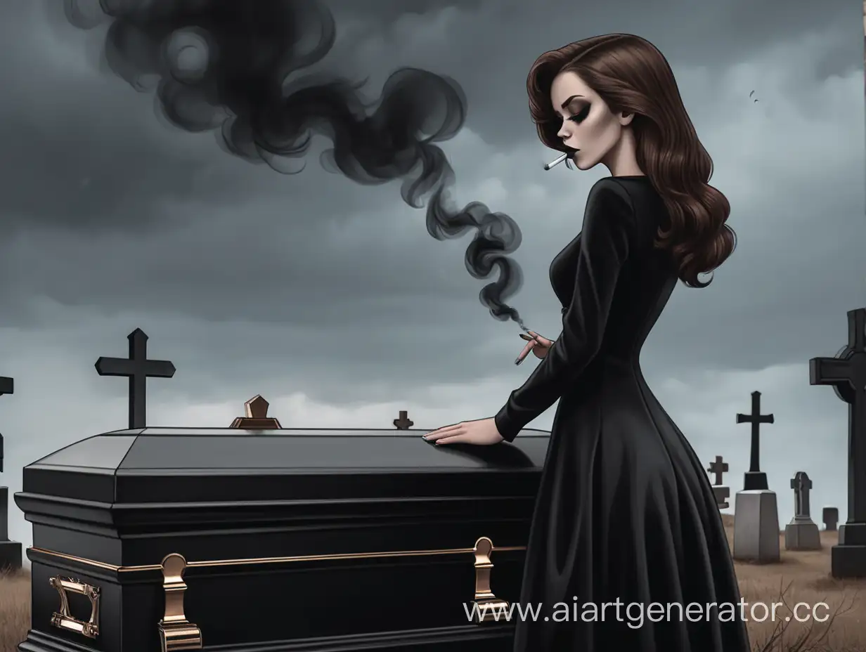 Девушка с коричневыми волосами в че́рном похоронном платье стоит возле гроба и курит. Пасмурное небо, красивое кладбище. В стиле комикса
