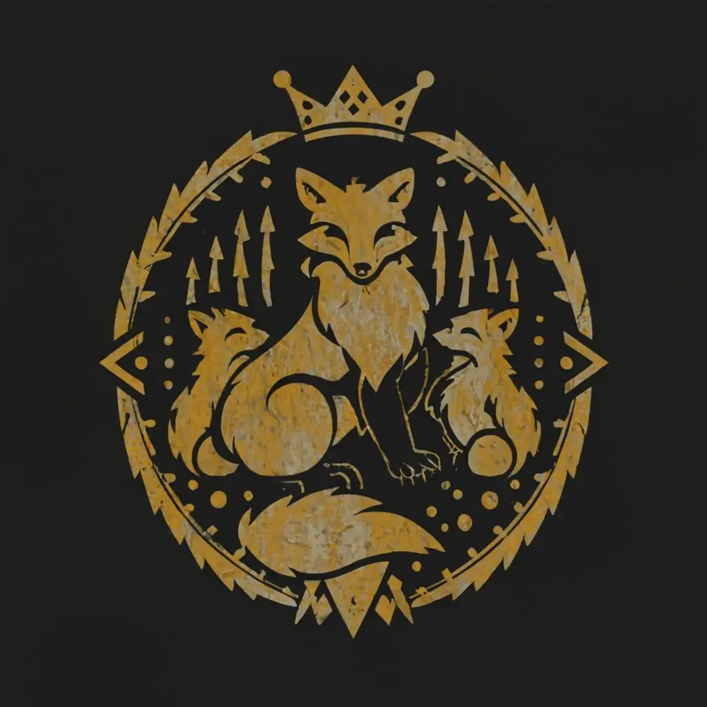 a logo design,with the text "Volatile Vixen", main symbol:adult fox sitting with her cubs whit a kings crown on the ground infront of them with blood around it,complex,clear background