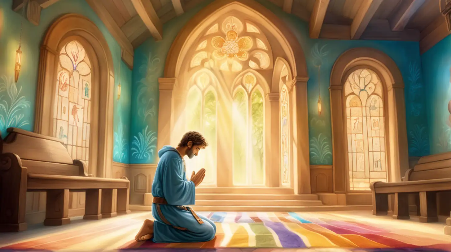 Depict Daniel on his knees praying in a colorful, bright room, and soft lighting to create a peaceful atmosphere. Rays of light symbolizing God's presence should be prominent, shining down on Daniel, with details like a wooden prayer bench and ancient scrolls adding to the scene's authenticity.
