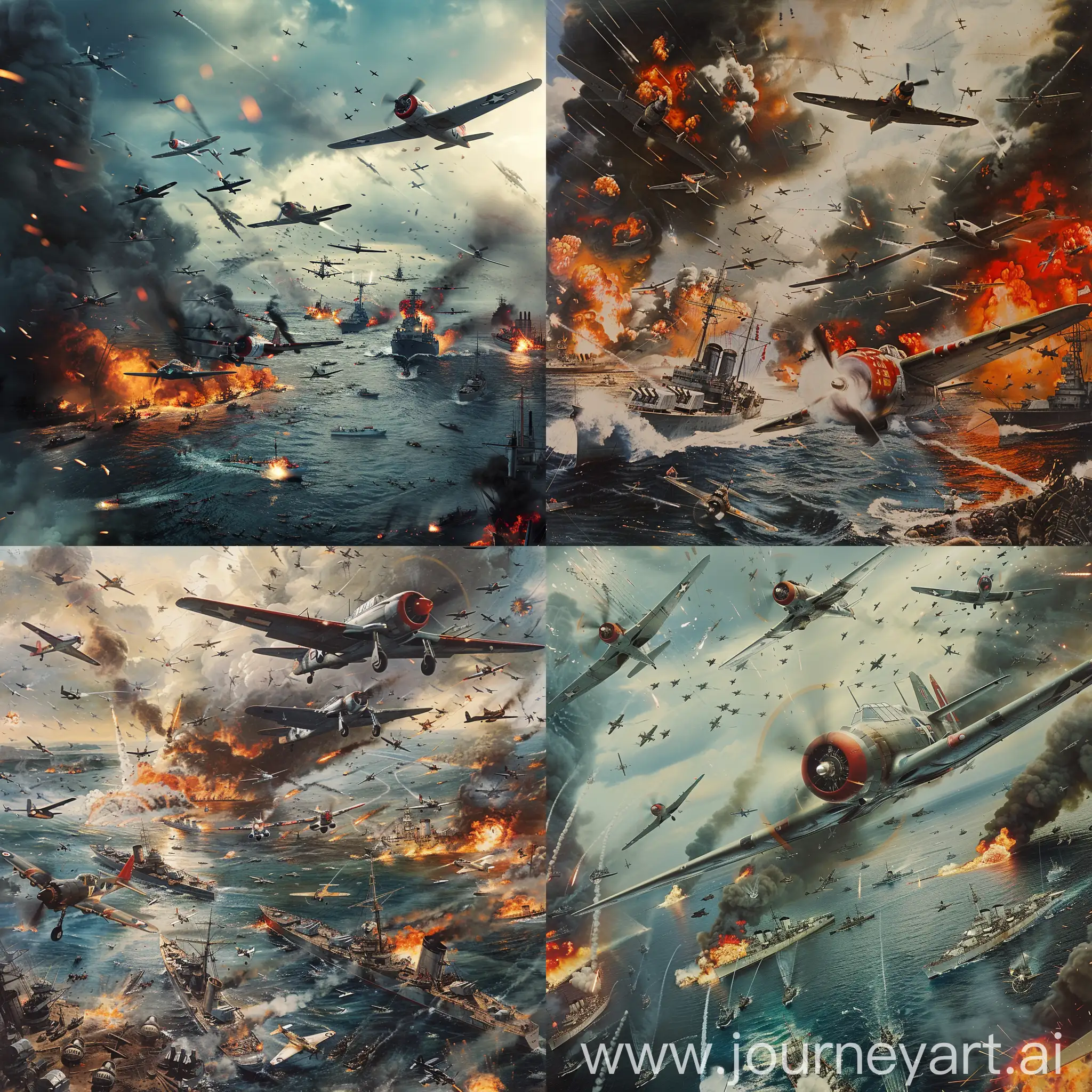 Battle of pearl harbor from many different angles, many fighter planes in the air, collision, explosion, fire, chaos, ocean, burning and sinking ships.