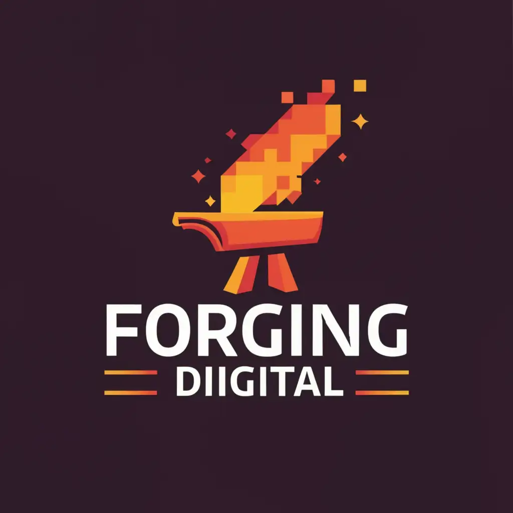 a logo design,with the text "Forging Digital", main symbol:A dynamic orange spark, emerges from a pixelated anvil.,complex,clear background