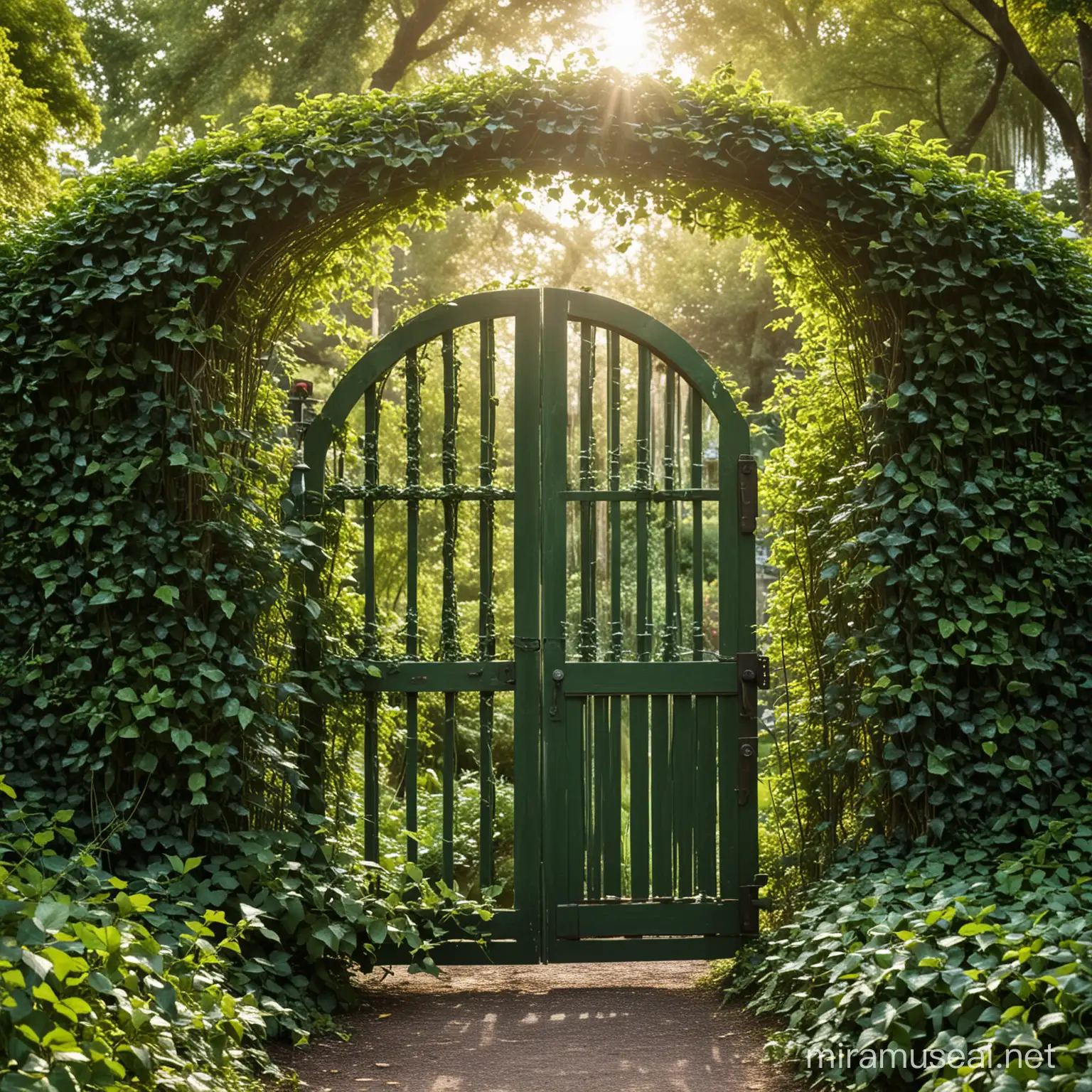 green wooden garden gate covered with ivy, light from behind