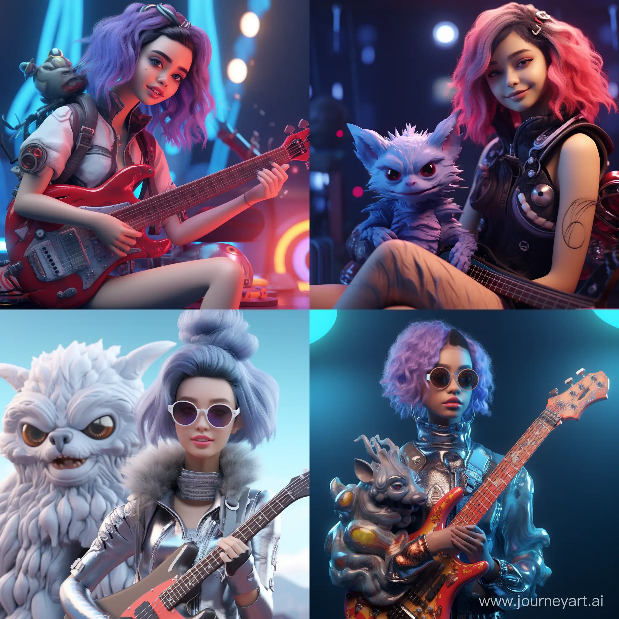 futuristic musician with her digital cute monster that looks render from  3D MODEL, 4K, BLENDER, CINEMA 4X, MODERN