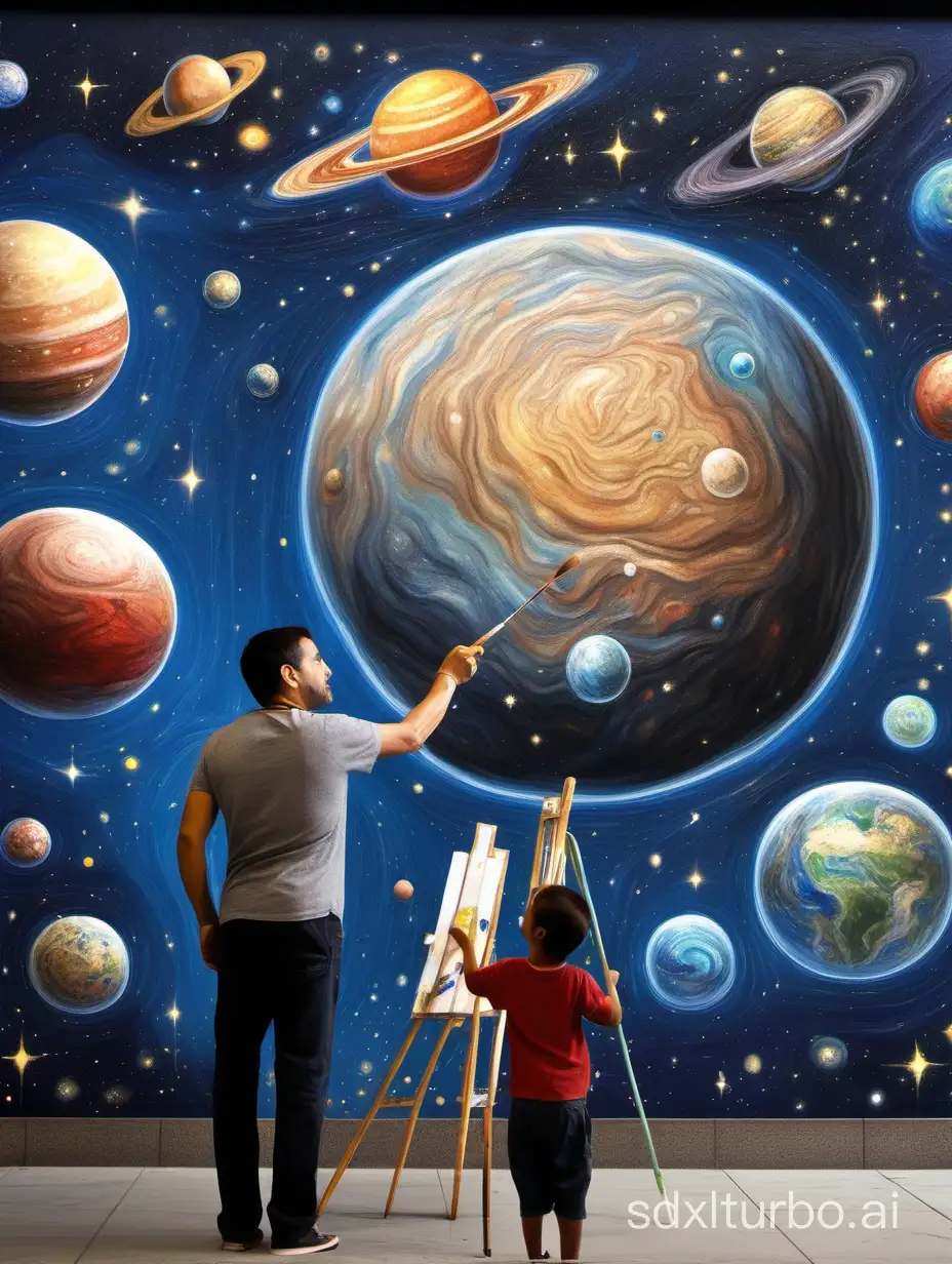 A forty-year-old man stands in the street in front of a large wall and paints on it with a brush a three-dimensional view of the stars and planets, and next to him is a young child.