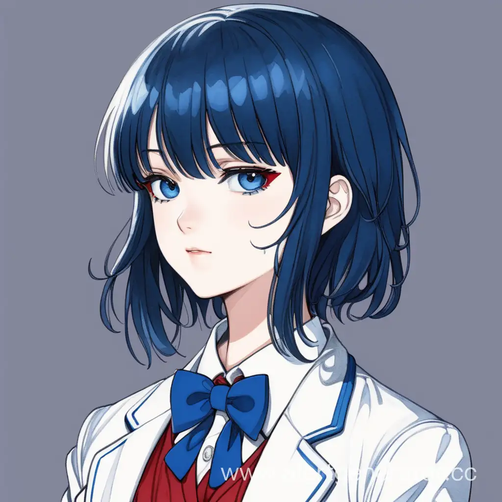 Девочка с короткими растрепаными темно-синими волосами с челкой на бок, с голубыми глазами, в белом пиджаке с красным галстуком бабочкой, манга