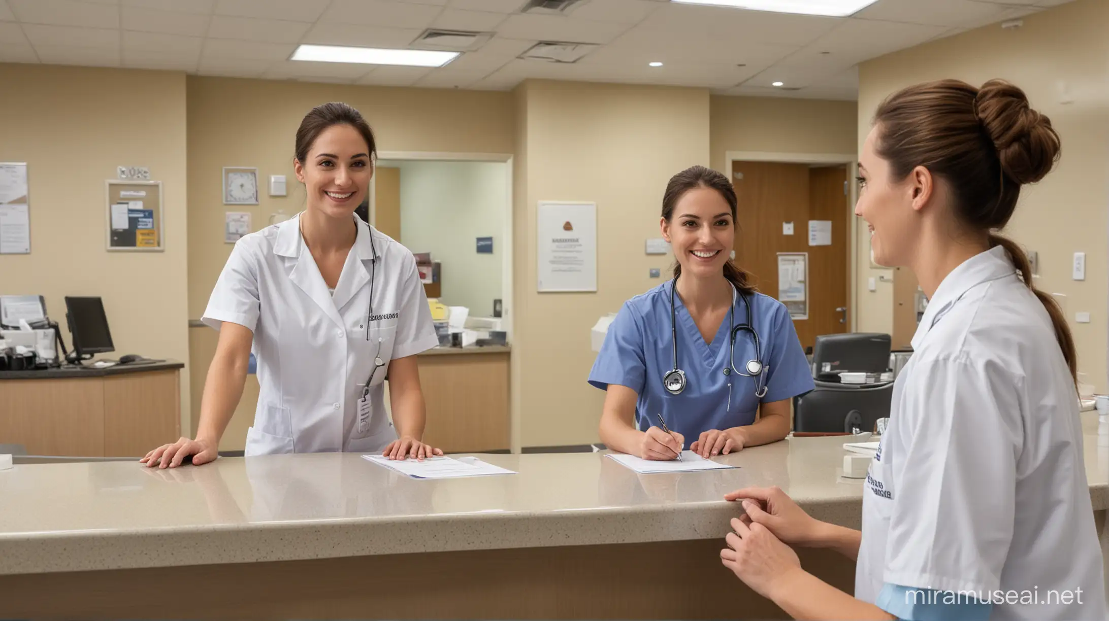 hospital front desk, a patient checking in and a nurse