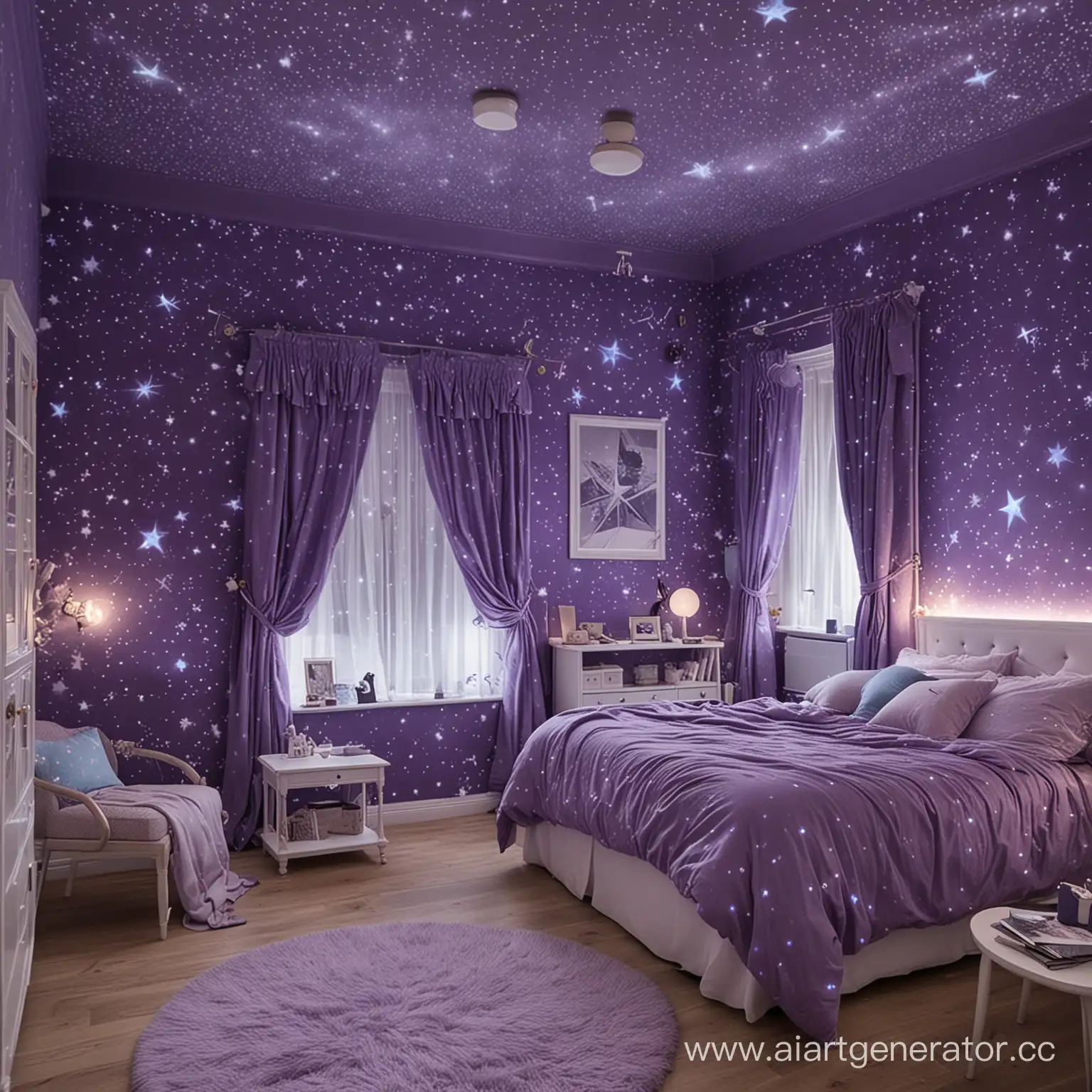 Bedroom of girl with star theme. Purple and blue shades. Some constellations pattern on the wall papers. Without character. Room a bit messy because its owner doesn't care about cleaning. 