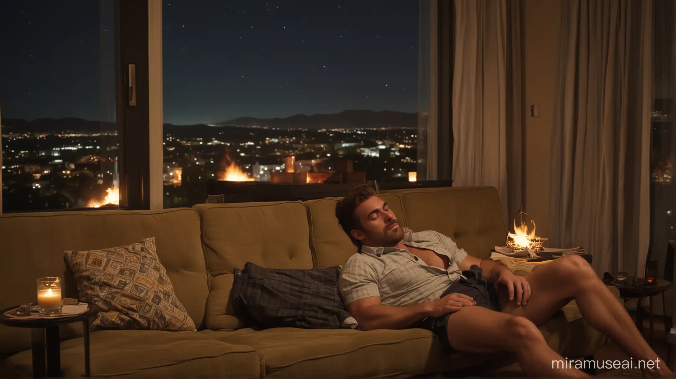 wide shot, dark, dimmly lit retro living room at night time, rugged looking muscly handsome asleep man, shirt and shorts with unbuttoned shirt,  fast asleep laying on midcentury sofa, fire place roaring in background, large window in background with city outside, relaxing, nighttime