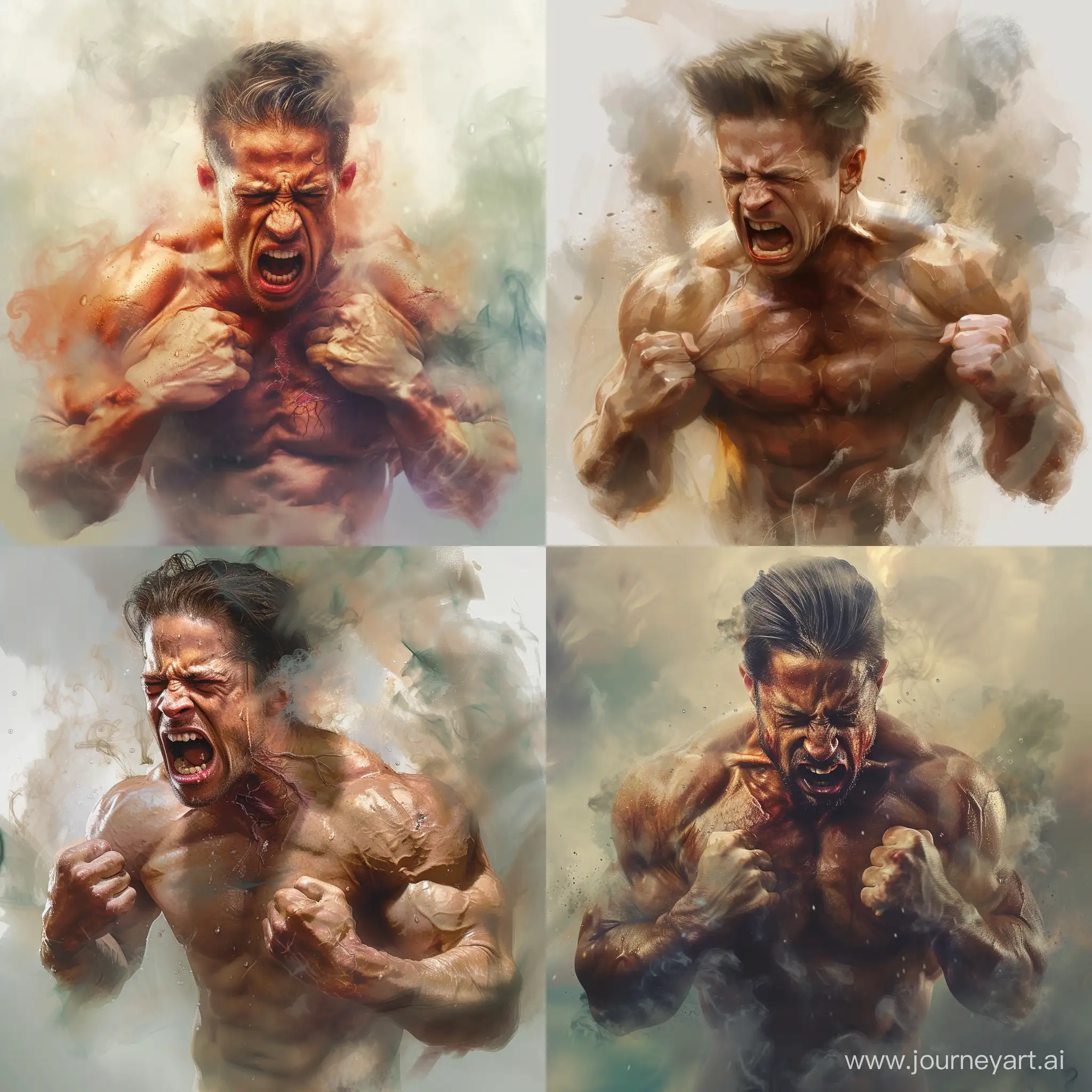 A full body realistic picture of a very angry brad pitt without a shirt, burning with anger, squeezing his muscles, showing his veins, drops of sweat, and smoke coming from his ears, with soft lighting, a blurry fading background, and melting colors.