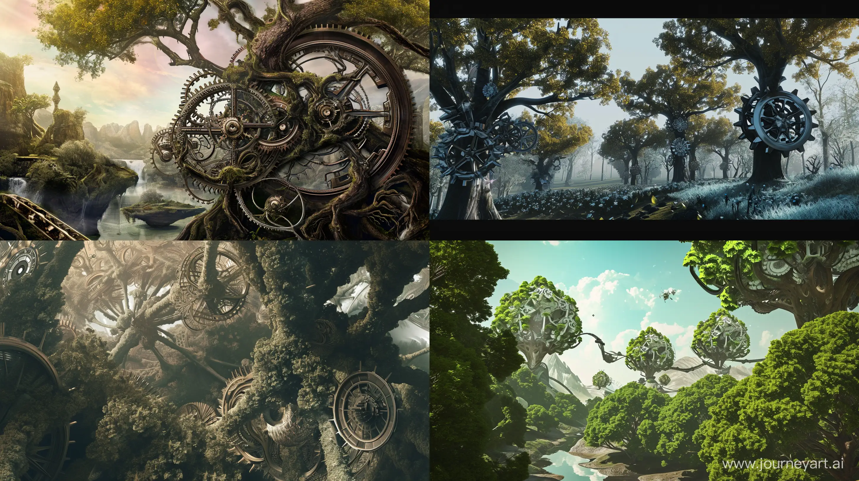 Visualize giant trees composed of metallic gears and star-shaped cogs, growing on a digital landscape::3 foil::3  --aspect 16:9 --version 6 --quality 1 --stylize 1 --chaos 1