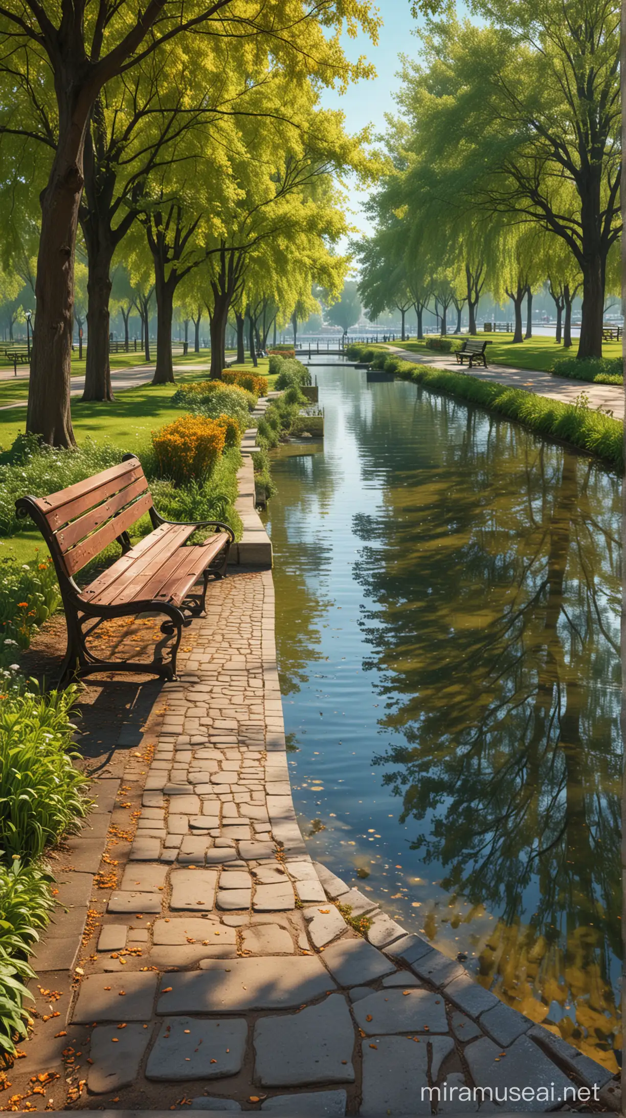 beautiful park with walk ways, and benches, with water in the background, ultra vivid Ultra High Quality, Ultra HD, 8K, Vivid Brushstrokes