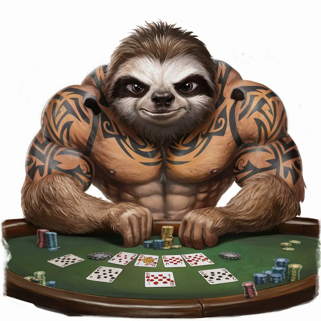 Muscular-Angry-Sloth-Playing-Poker-Unique-and-Intriguing-Image-of-a-Tattooed-Sloth-Engaging-in-a-Poker-Game