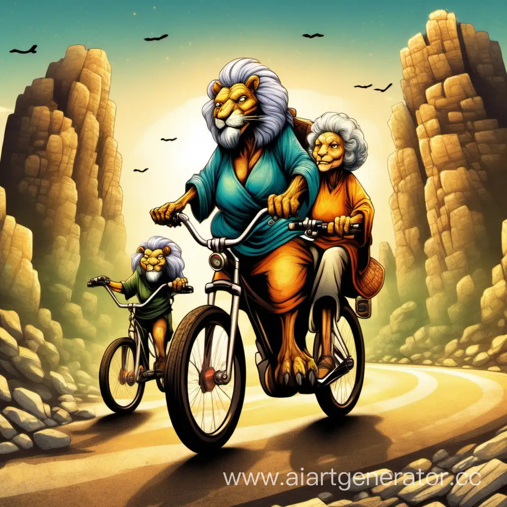 Adventurous lion Wise Turtle and Grandmother on Bikes ROCK THE ROAD Logo