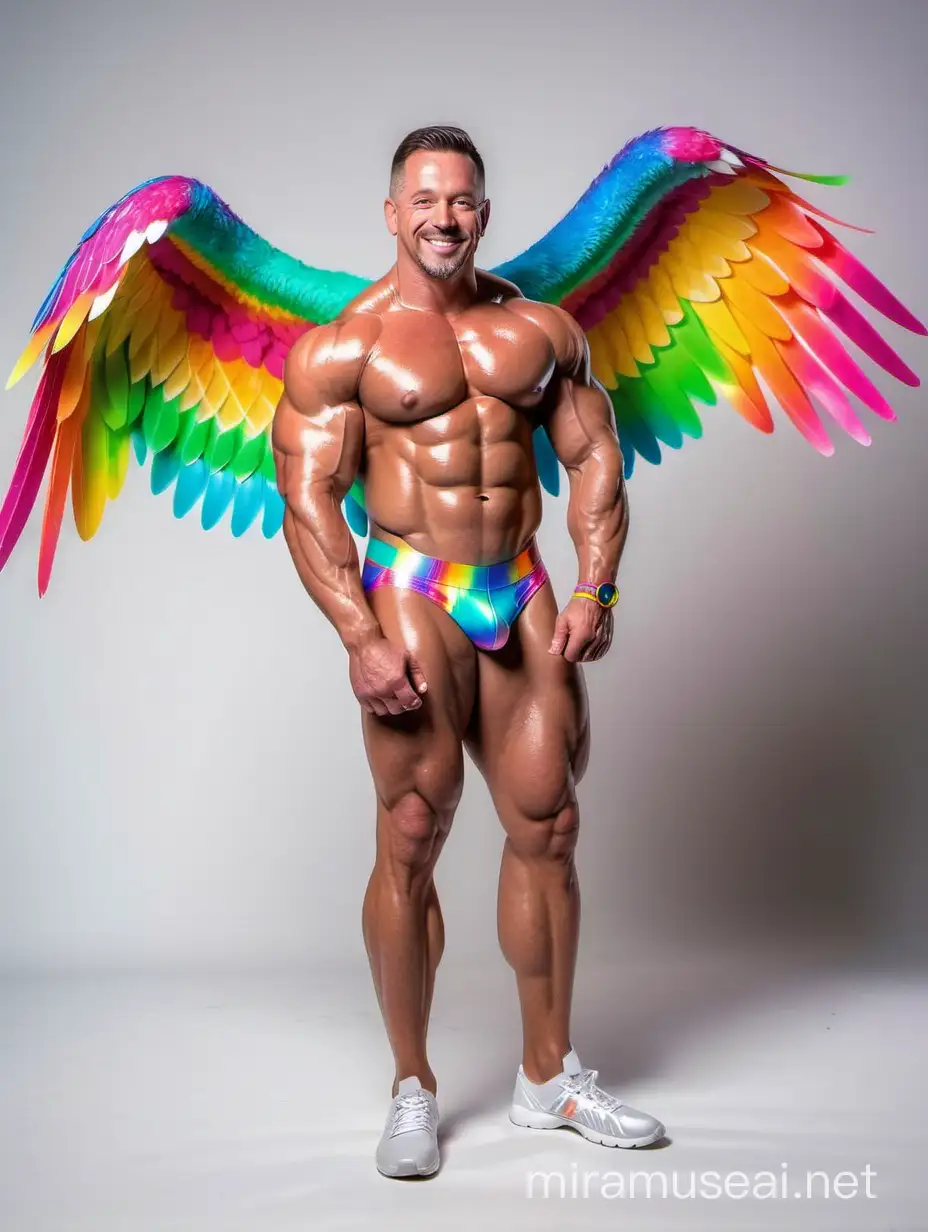 Full Body to feet Topless 30s Ultra Chunky IFBB Bodybuilder Daddy with Great Smile wearing Multi-Highlighter Bright Rainbow with white Coloured See Through Eagle Wings Shoulder Jacket Short shorts left arm up Flexing