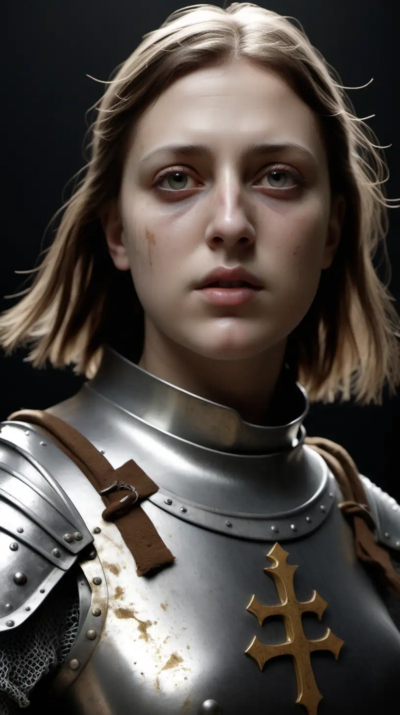 Generate a visual transformation sequence showing Joan of arc evolving from a simple peasant girl to a revered military leader.hyper realistic